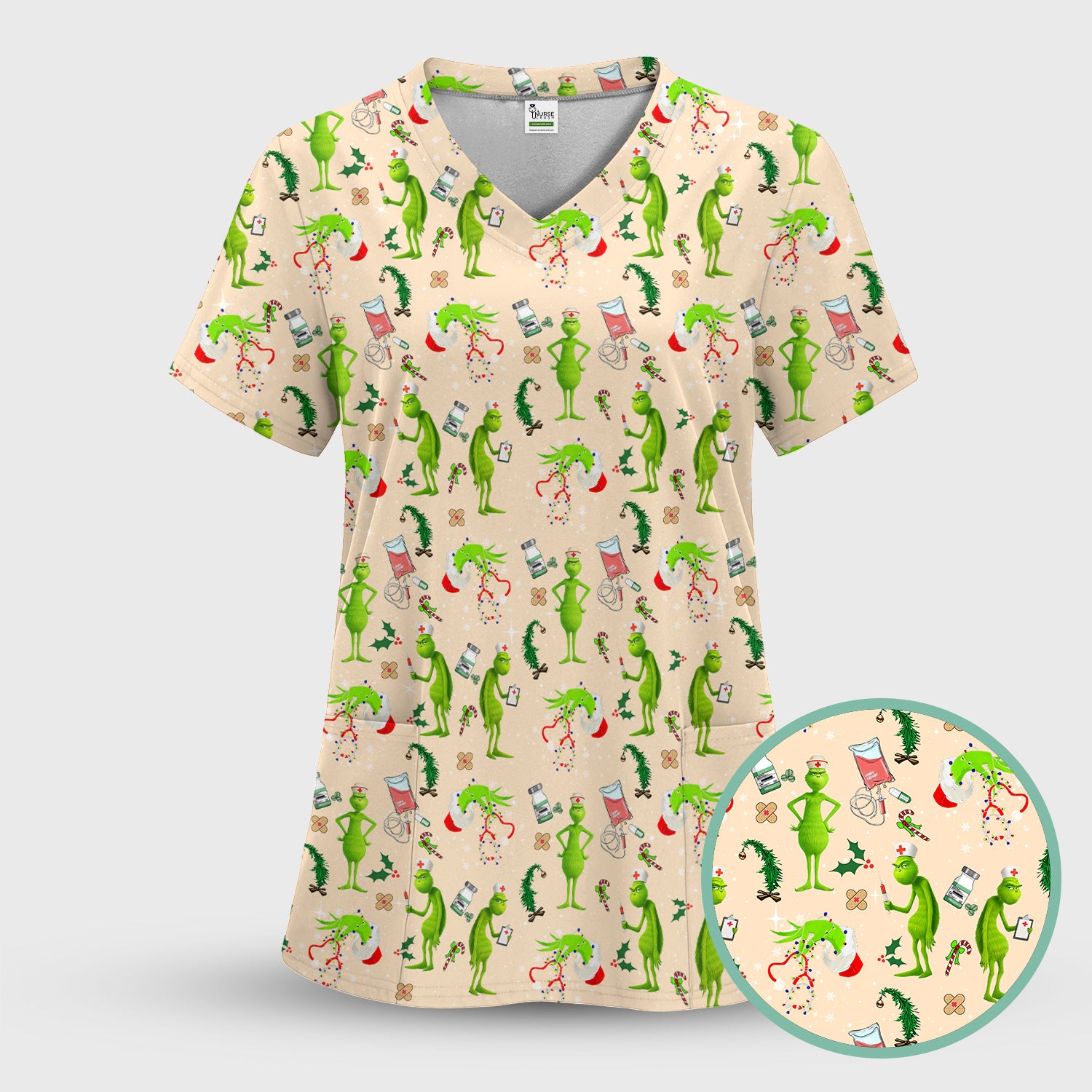 Cute Grinch Scrub Top for Nurse - Christmas Holiday Medical Shirt - Gift for CNA RN LPN Healthcare Workers