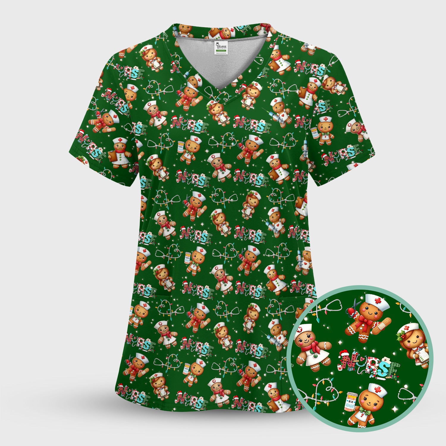 Christmas Gingerbread Nurse Scrub Top - Cute Holiday Medical Uniform for Women - Gift for RN CNA LPN LVN EN