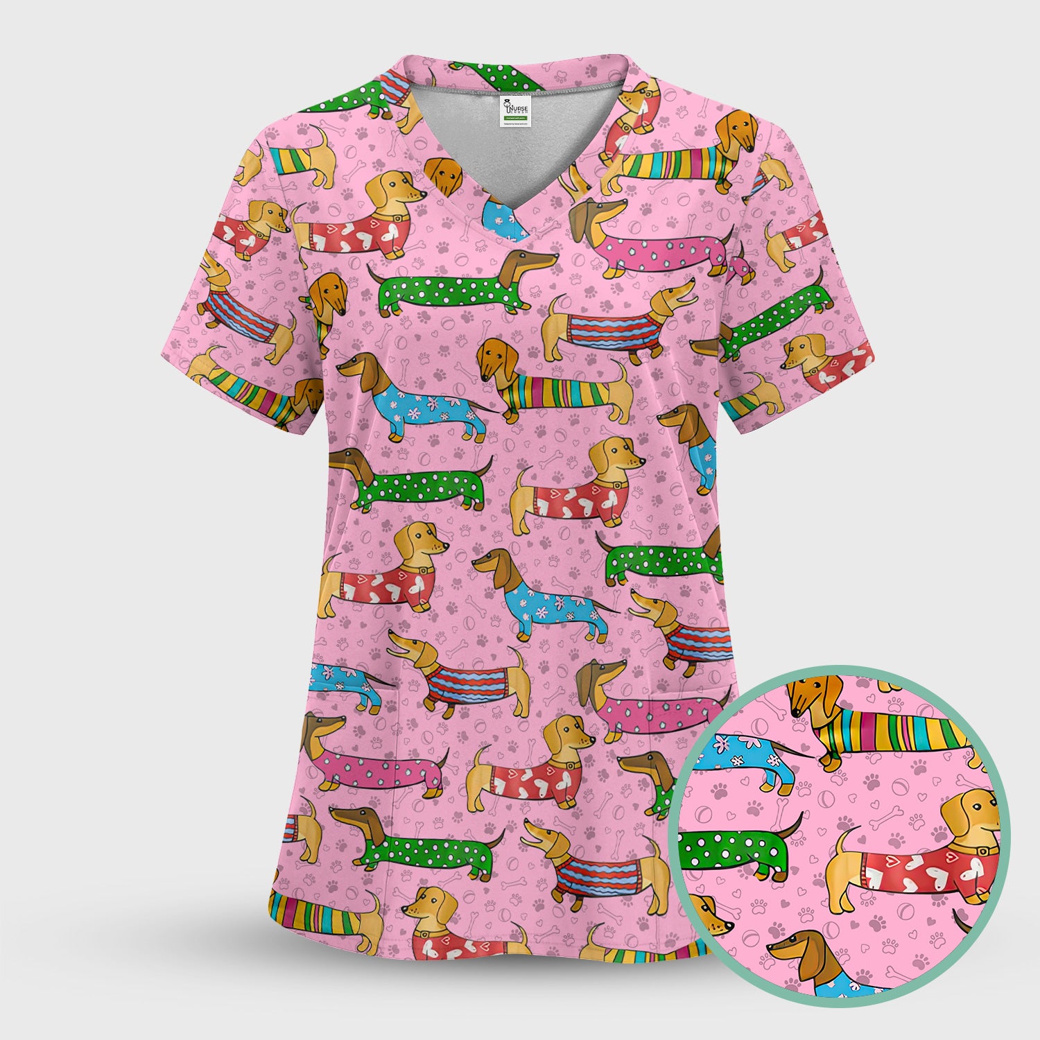 Cute Dachshund Dog Scrub for Nurse - Funny Animal Lover Top for Women - RN LPN CNA Healthcare Workers Gift