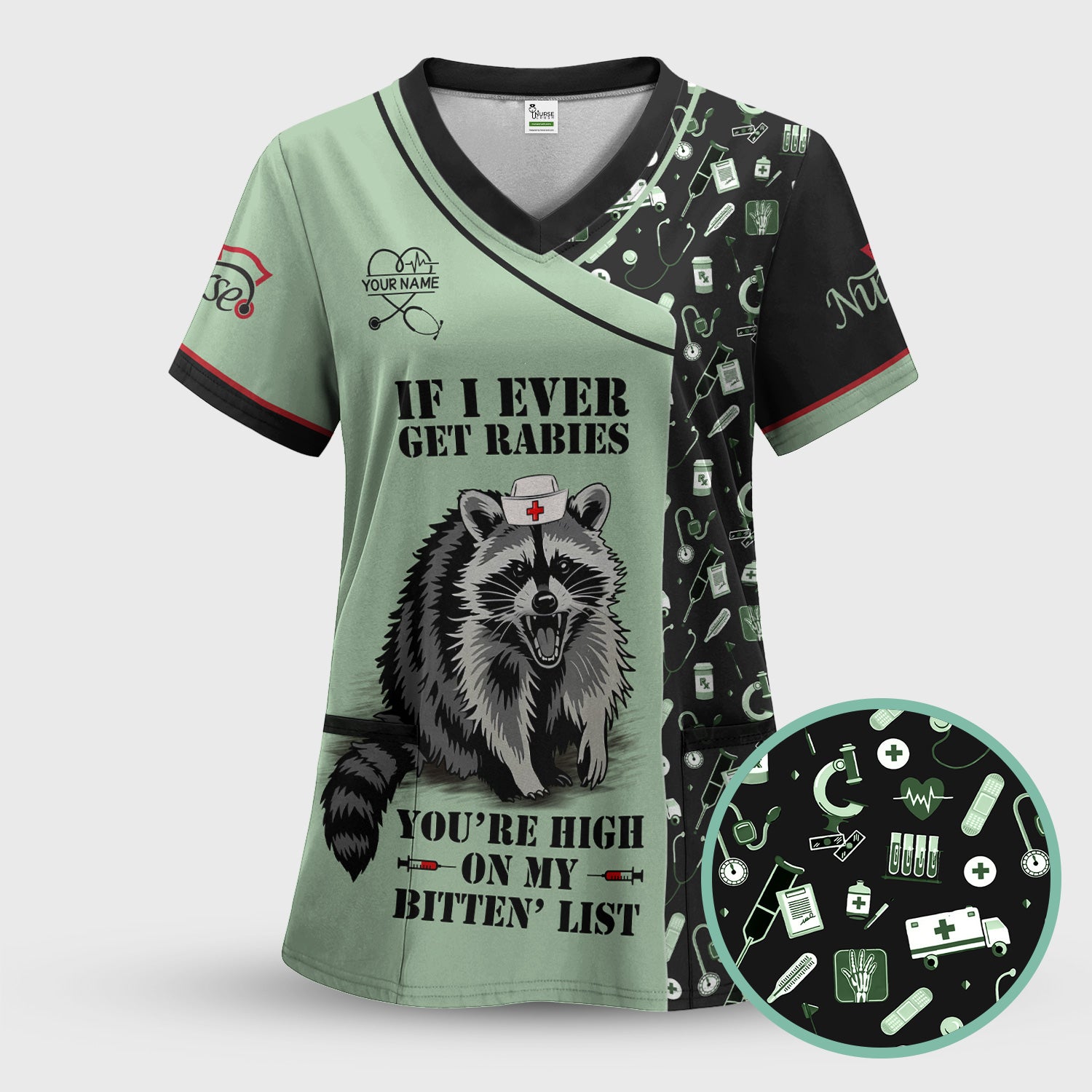 Personalized Funny Nurse Scrub for Women - Raccoon Nurse Graphic Design - Medical Gift for RN LPN CNA Healthcare Staff