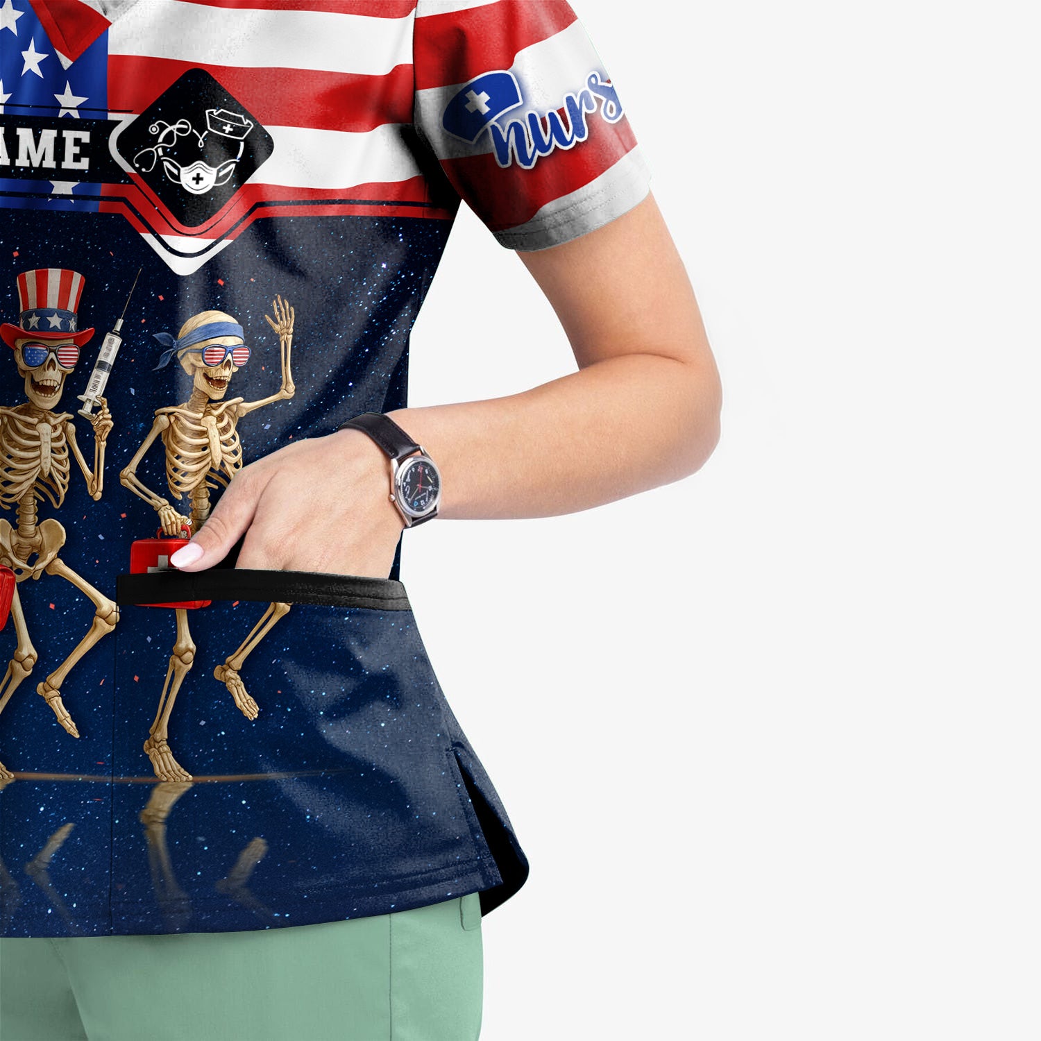 Personalized 4th of July Nurse Scrub Top - Funny Skeleton Scrubs for Women RN CNA LPN - Custom Name Medical Uniform Gift for Healthcare Workers USA Pride