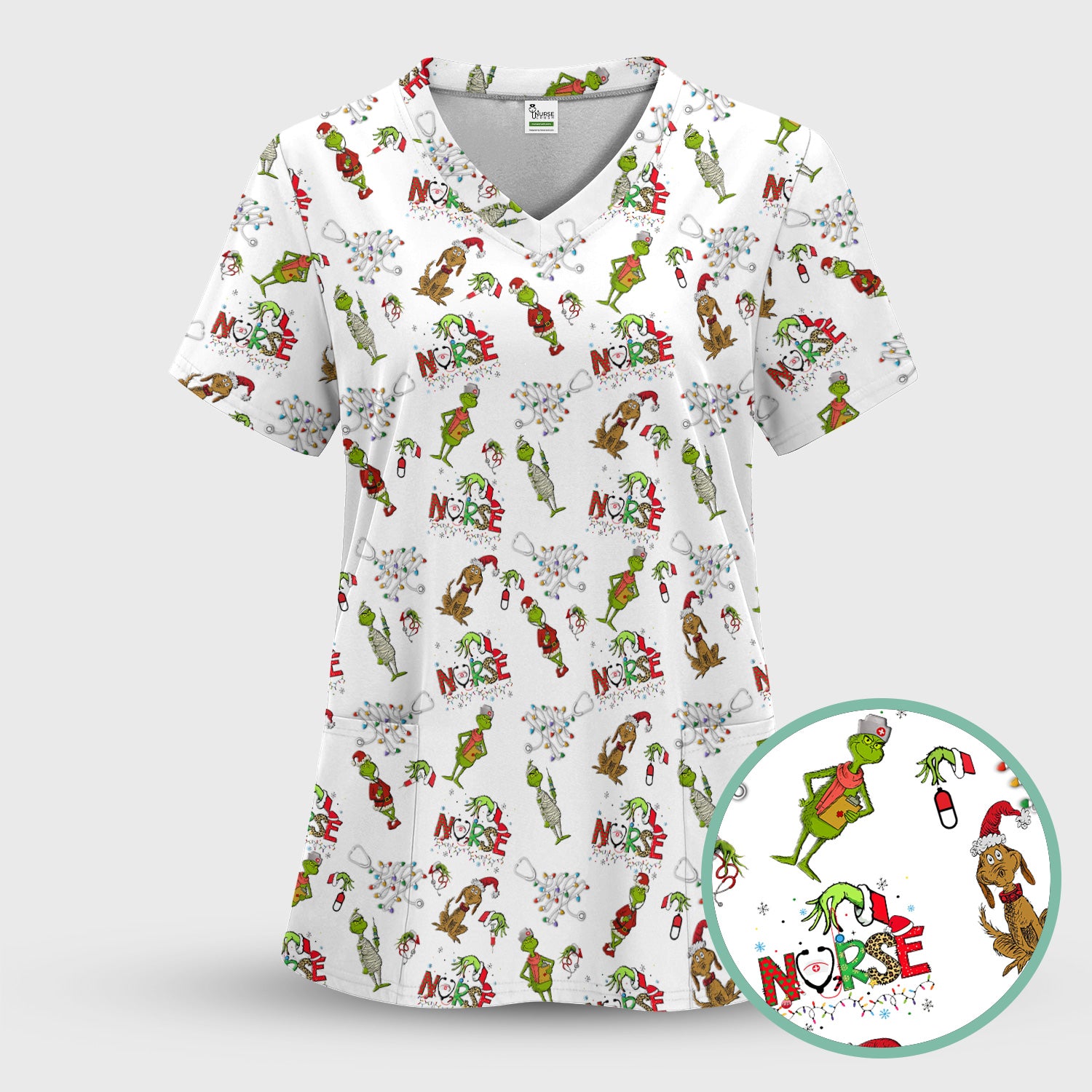 Grinch Christmas Nurse Scrub Shirt - Funny Holiday Scrub Top for Women - Multi Color Nursing Work Shirt with Pockets