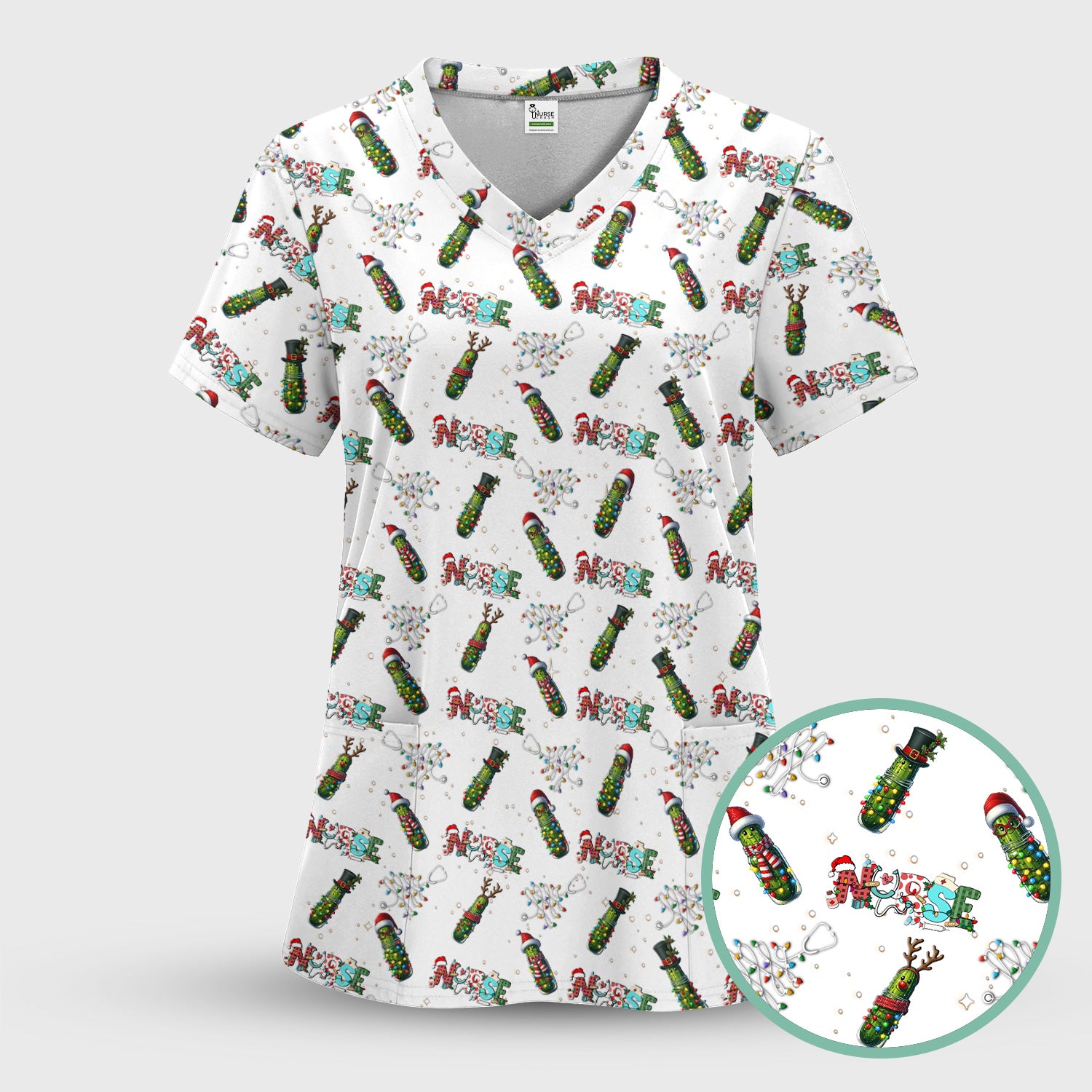 Funny Christmas Pickle Scrubs for Women - Festive Holiday Nurse Medical Uniform - Gift for RN CNA LPN LVN EN