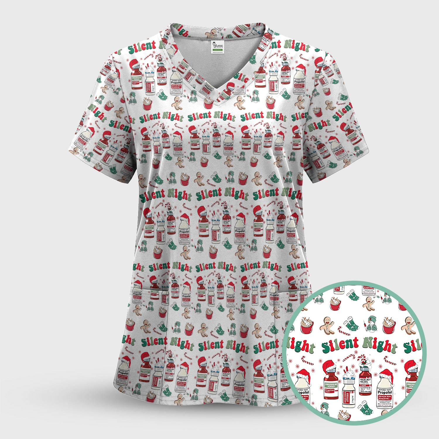 Funny Nurse Christmas Scrub Top - Silent Night & Medication Design - Holiday Gift for RN LPN CNA