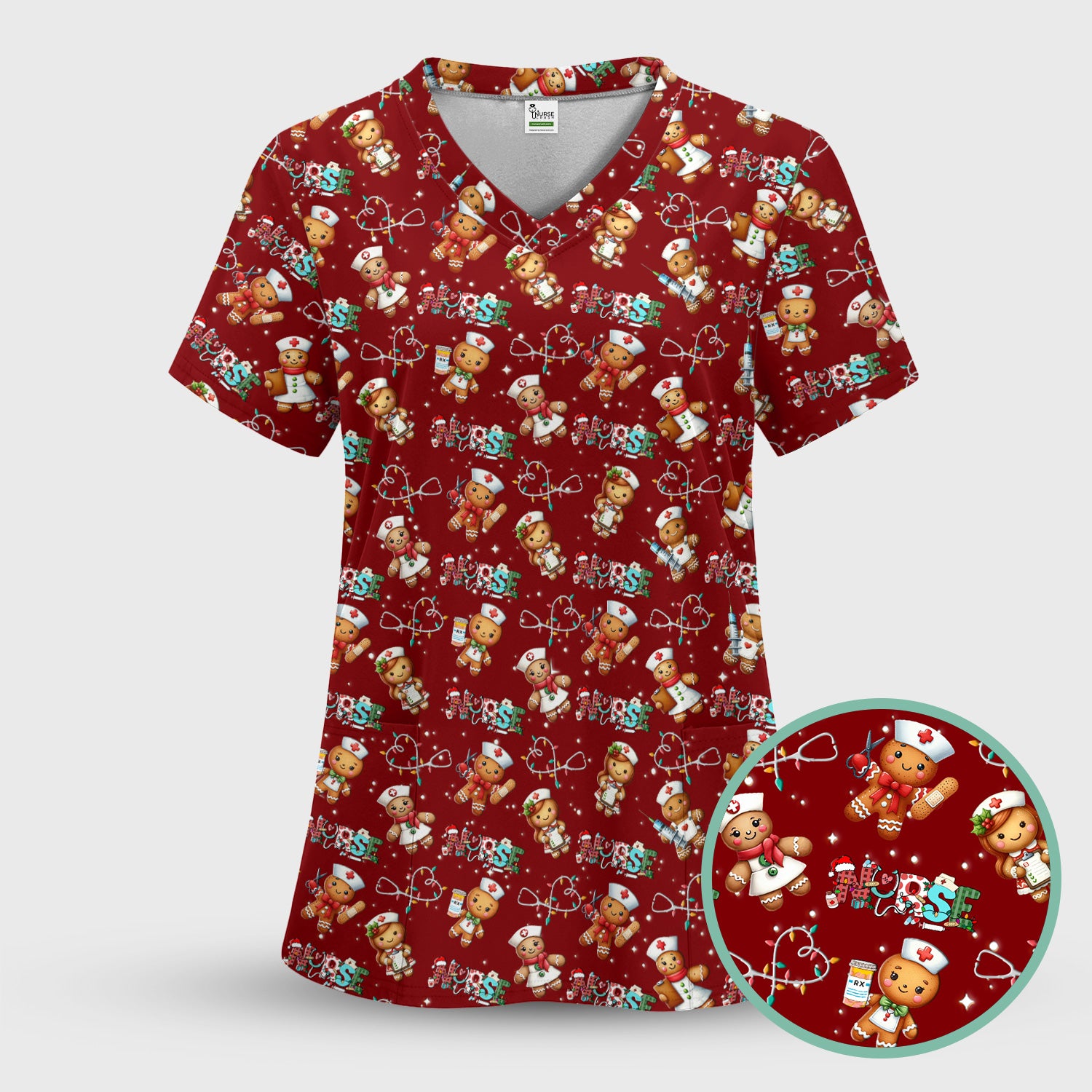 Christmas Gingerbread Nurse Scrub Top - Cute Holiday Medical Uniform for Women - Gift for RN CNA LPN LVN EN