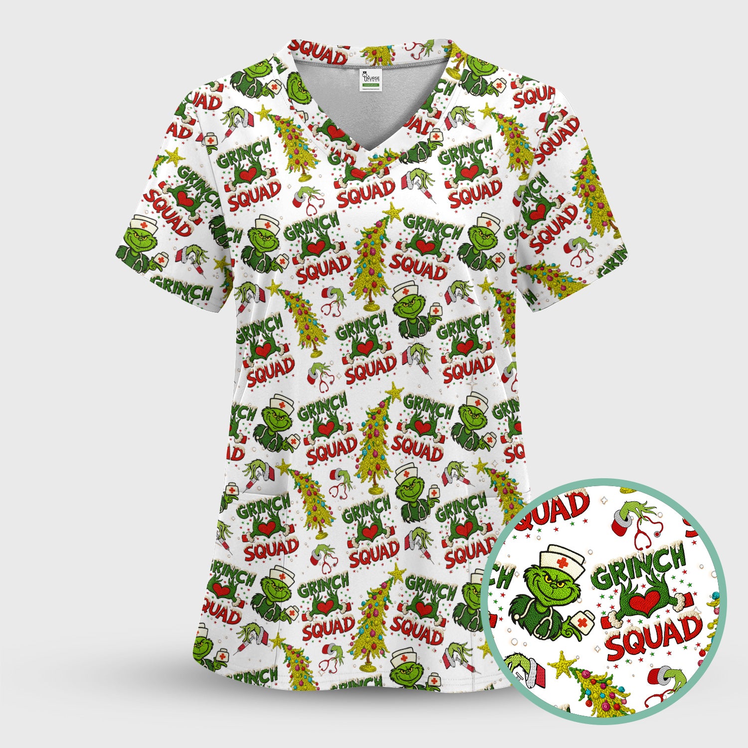 Christmas Nurse Scrub Top for Women - Funny Grinch Squad Scrub Shirt Multi Color - Cute Holiday Nursing Work Shirt with Pockets