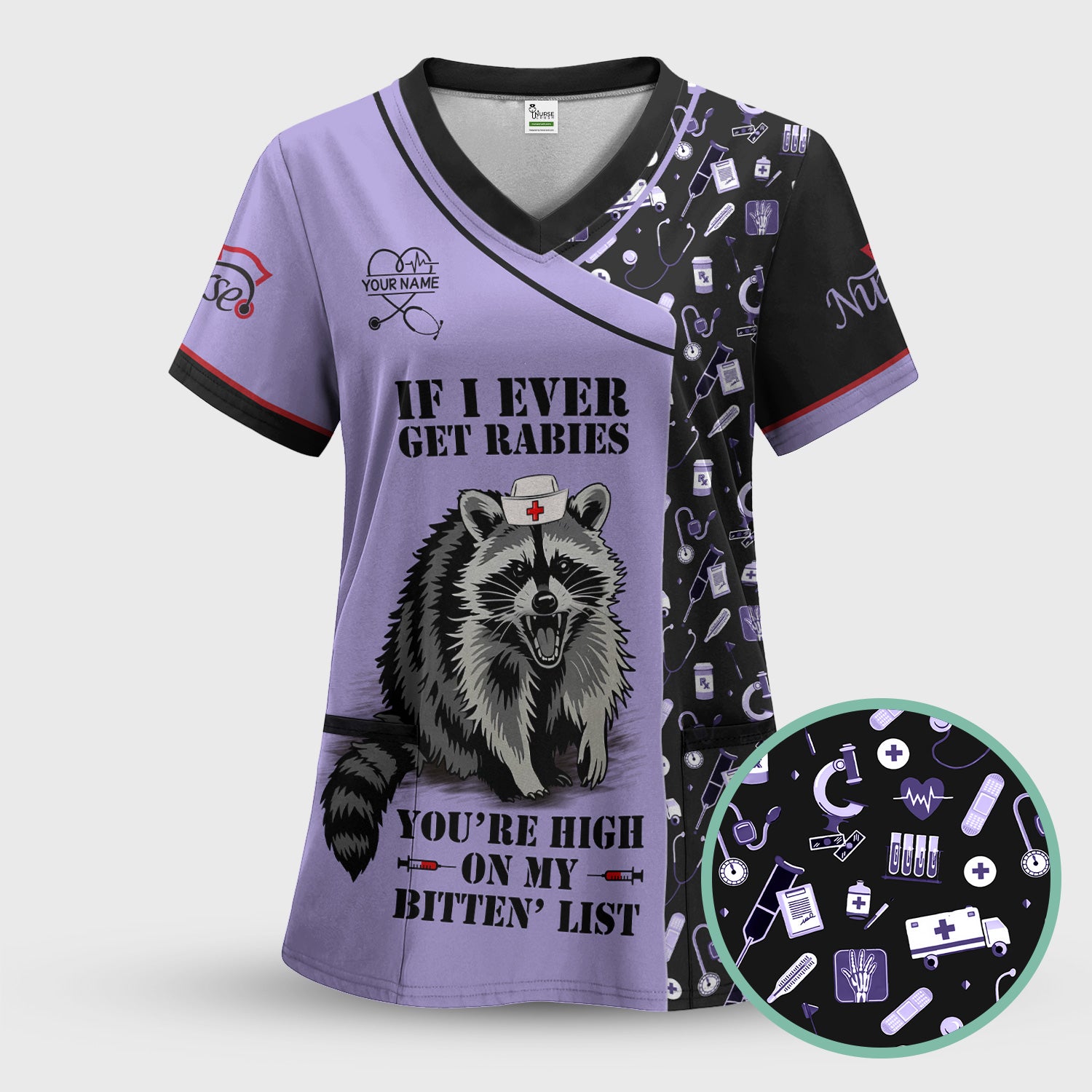 Personalized Funny Nurse Scrub for Women - Raccoon Nurse Graphic Design - Medical Gift for RN LPN CNA Healthcare Staff