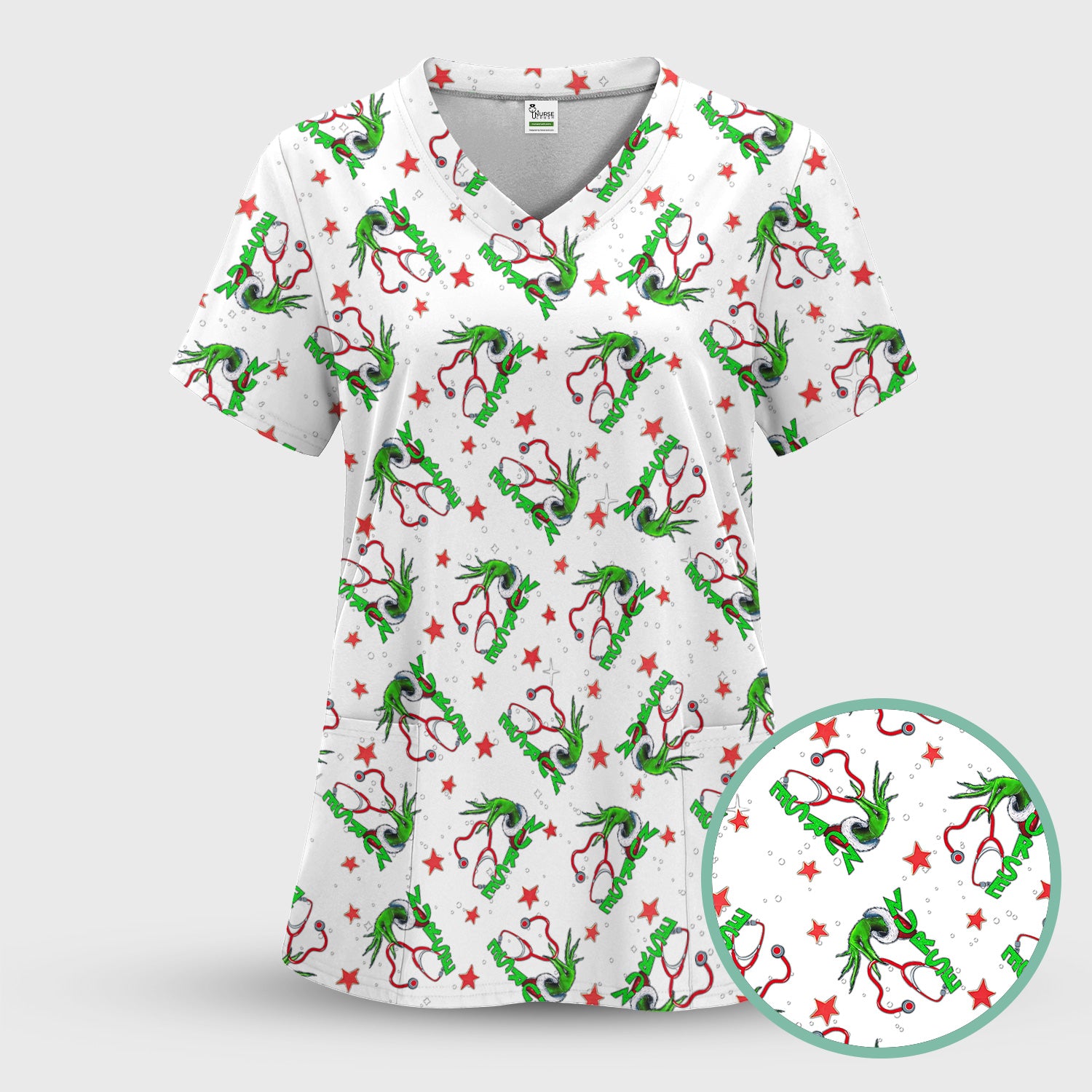 Grinch Nurse Scrub Top - Festive Holiday Uniform for Women - RN LPN CNA Nursing Gift