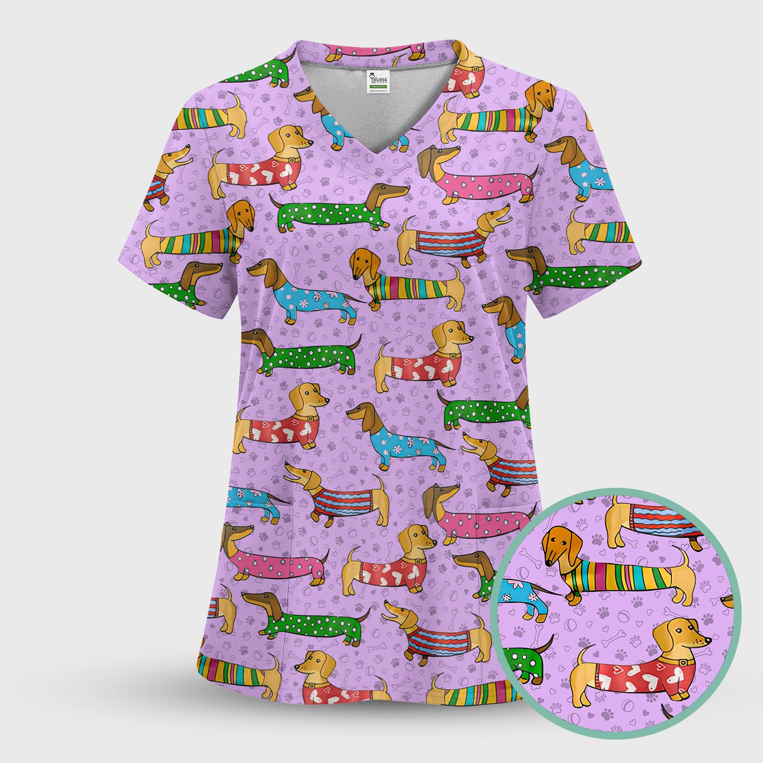 Cute Dachshund Dog Scrub for Nurse - Funny Animal Lover Top for Women - RN LPN CNA Healthcare Workers Gift