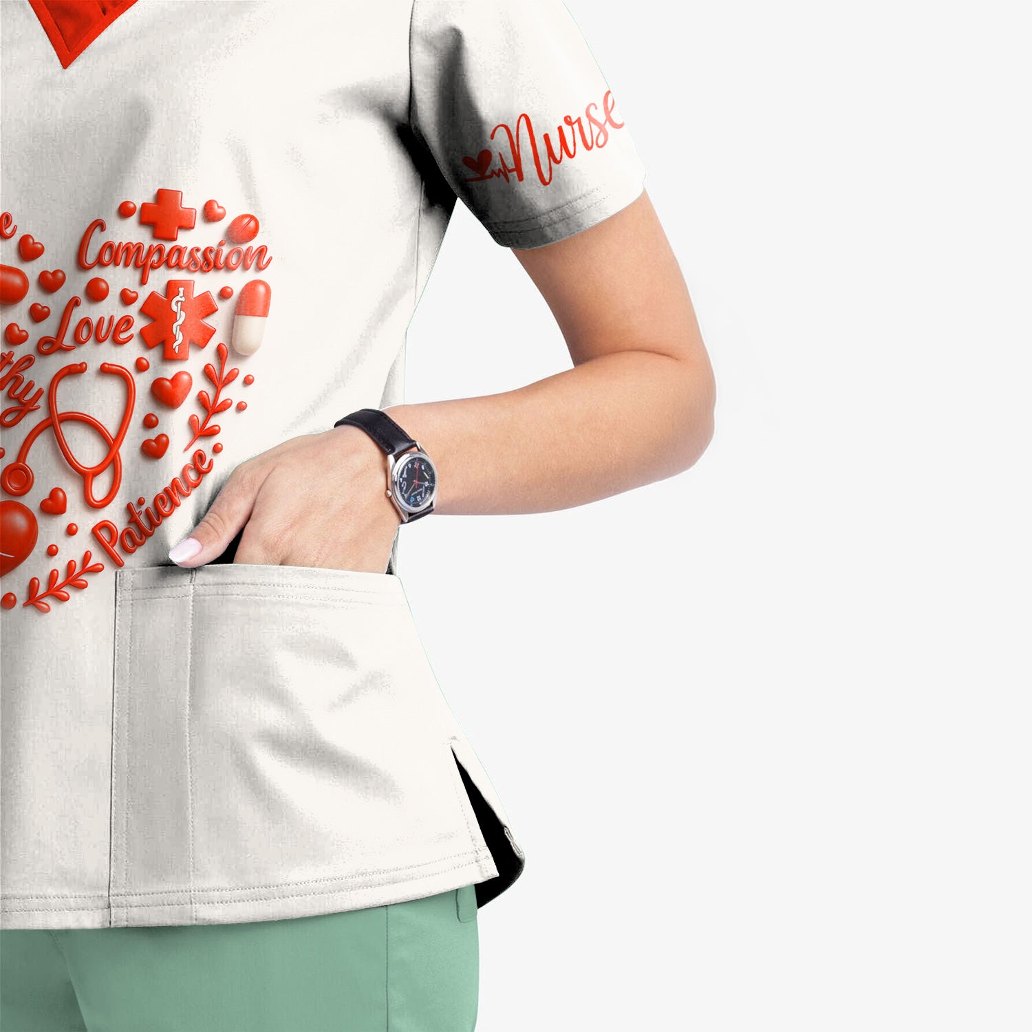 Heart Word Art Nurse Scrub Top - Compassion Empathy Love Design - Gift for RN CNA LPN Women in Healthcare