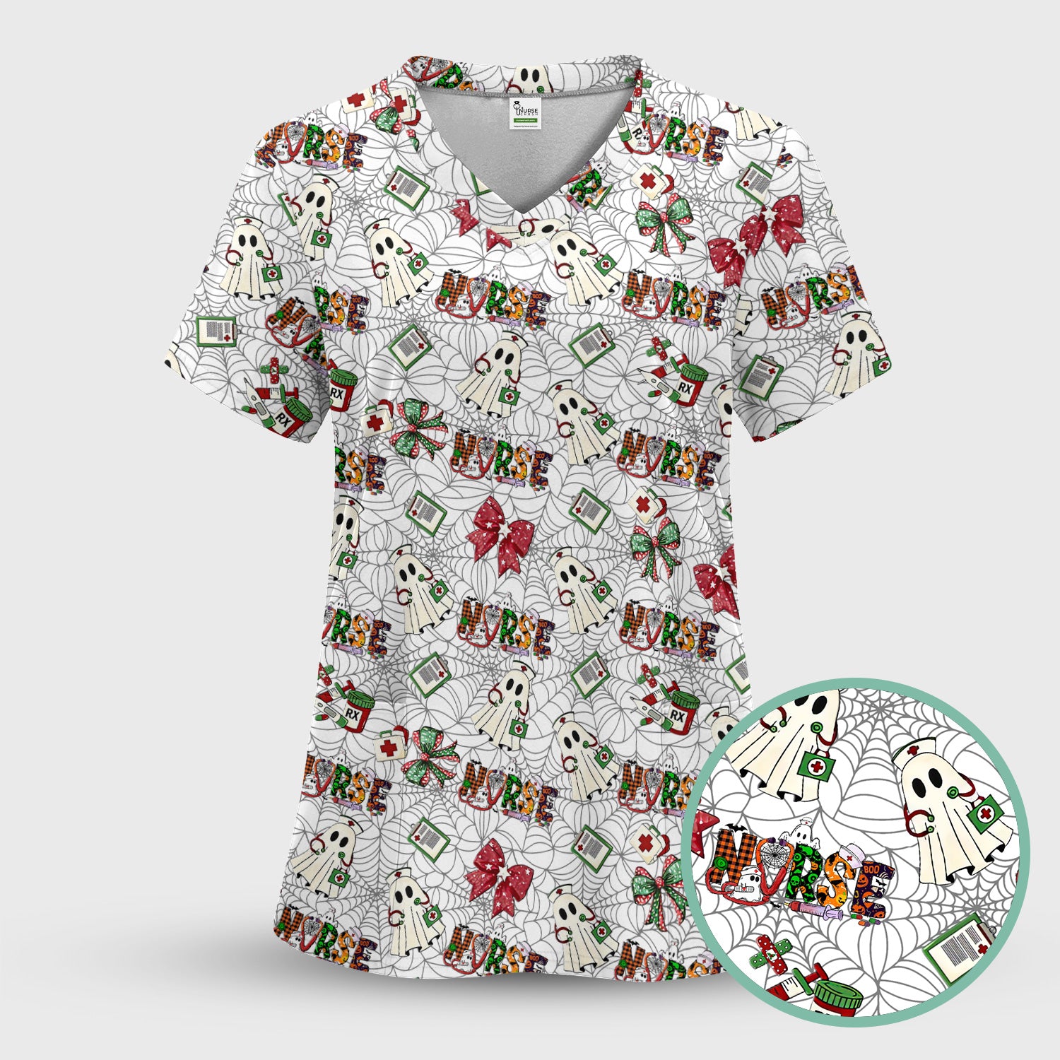 Halloween Nurse Scrub Top for Women - Cute Ghost and Spider Web Scrub Shirt Multi Color - Funny Nursing Work Shirt with Pockets