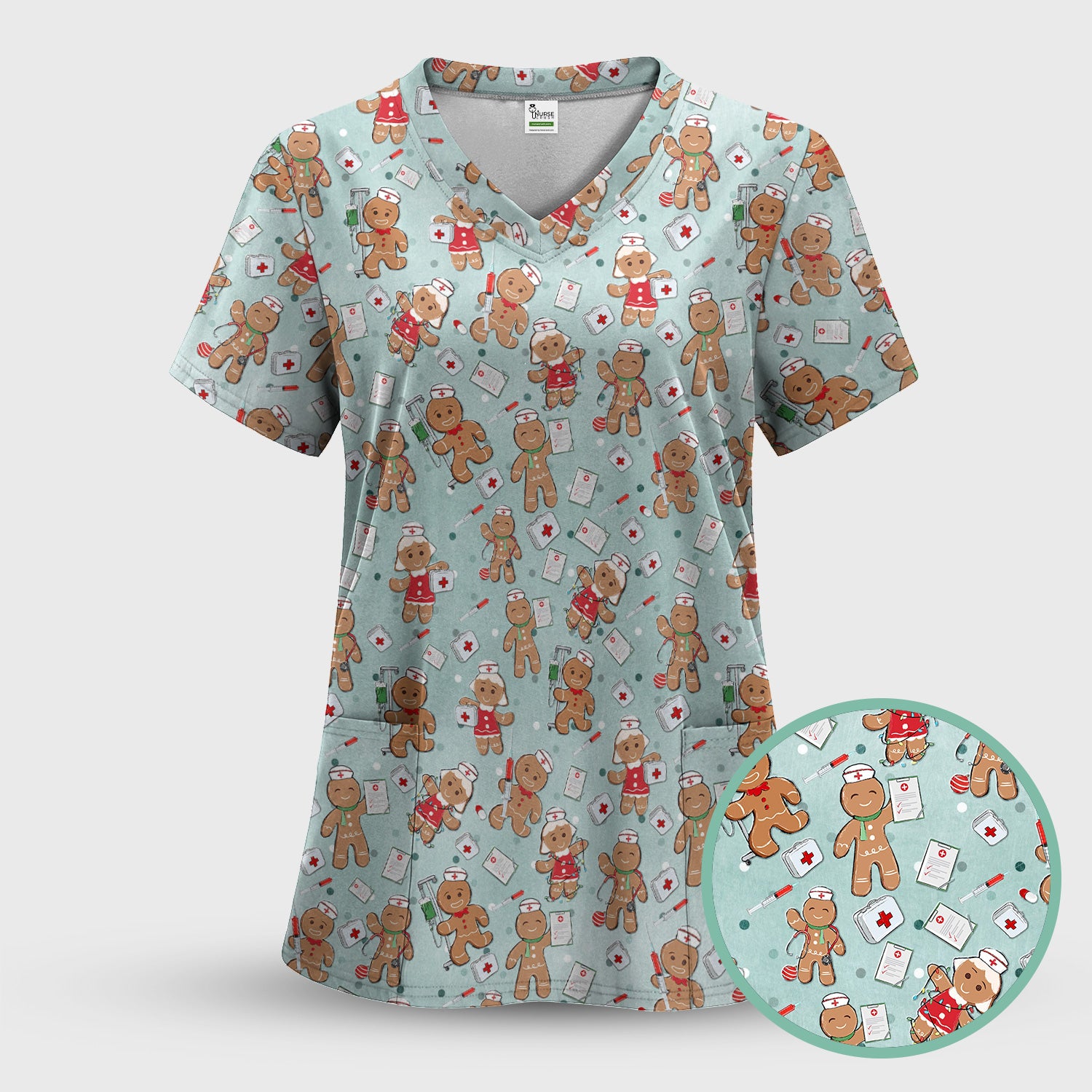 Cute Nurse Christmas Scrub Top - Funny Gingerbread Man & Medical Design - Gift for Women RN LPN & Pediatric Nurses