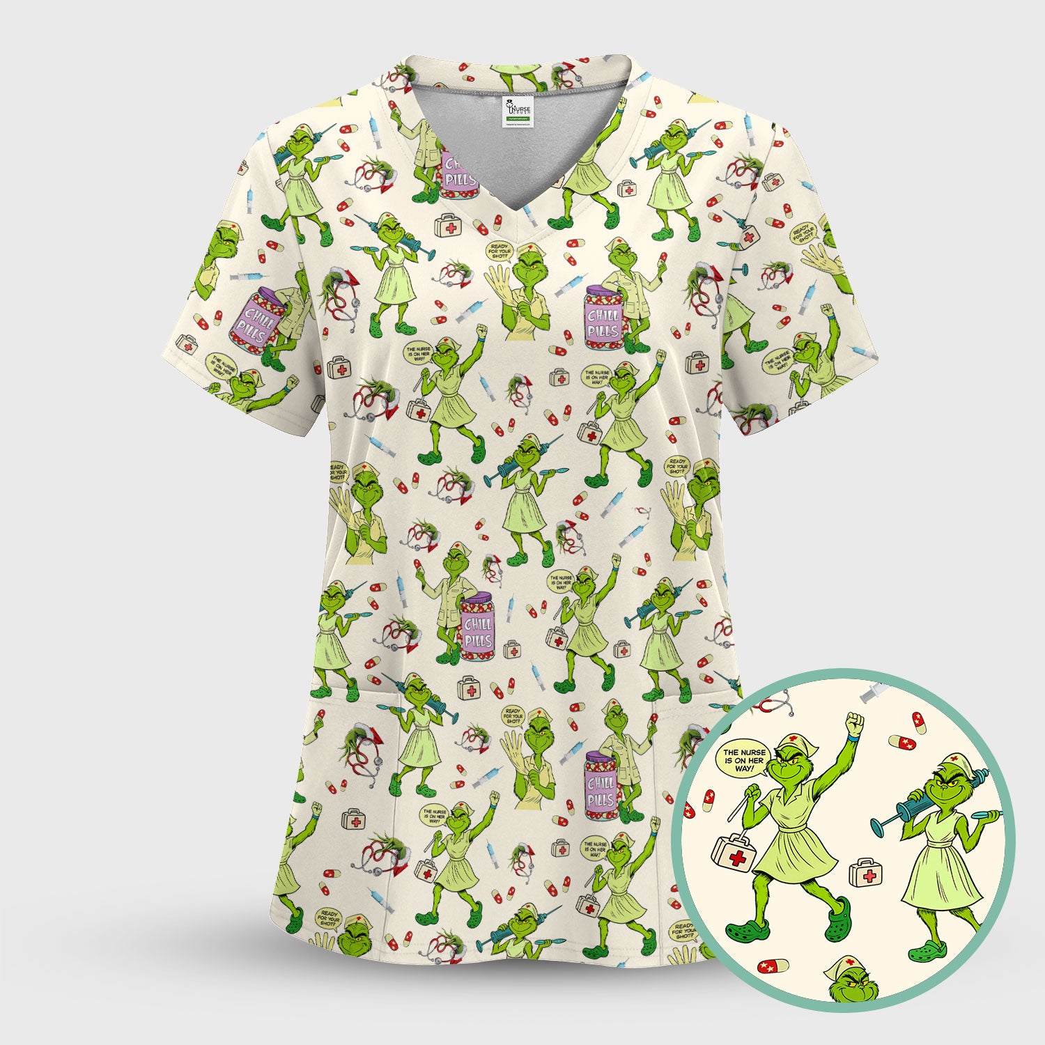Funny Grinch Nurse Scrub Top Multi Color - Chill Pills Nursing Scrub Shirt - Cute Christmas Holiday Workwear with Pockets