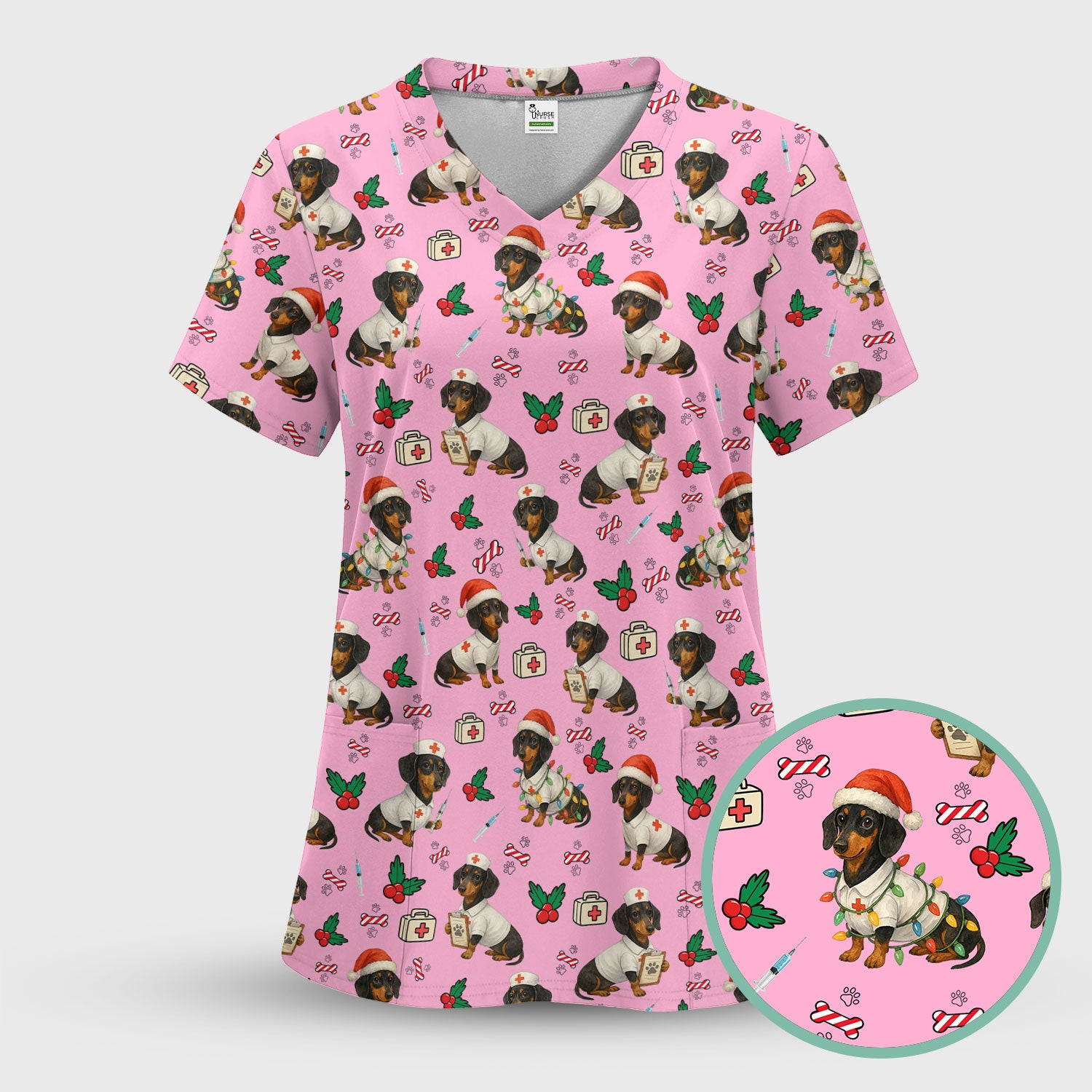 Dachshund Nurse Christmas Scrub Shirt - Cute Sausage Dog Scrub Top Multi Colors - Funny Holiday Nursing Workwear with Pockets