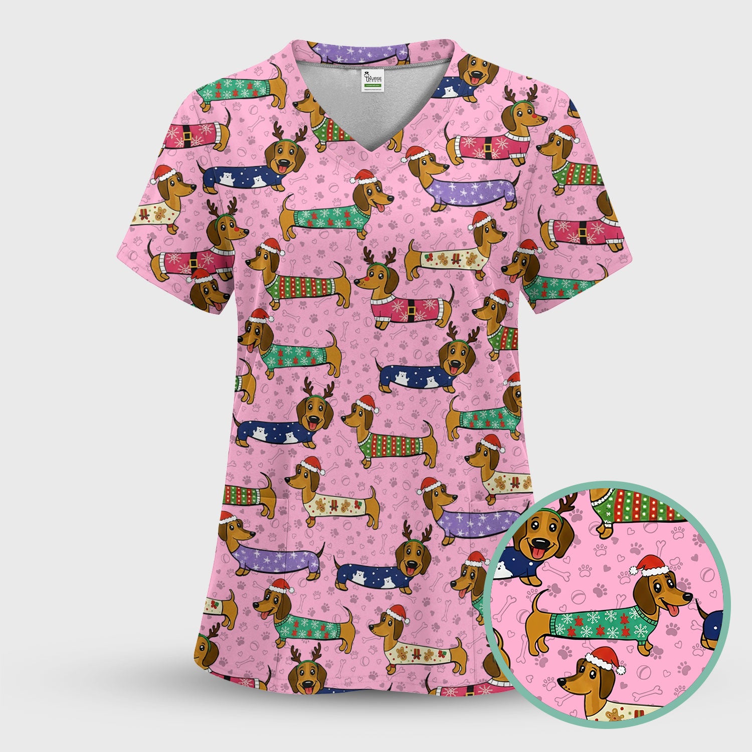 Funny Dachshund Dog Christmas Scrub Top for Nurses - Holiday Reindeer Wiener Dog Shirt - Cute Vet Tech Uniform Gift