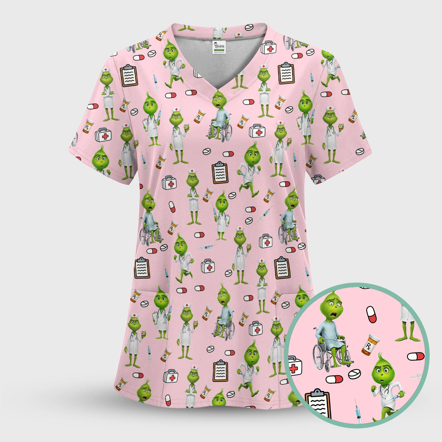 Funny Grinch Scrub Top - Christmas Medical Uniform for Women - Funny Holiday Nursing Gift for RN LPN CNA