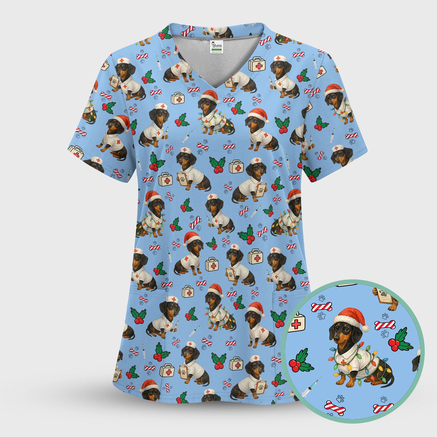 Dachshund Nurse Christmas Scrub Shirt - Cute Sausage Dog Scrub Top Multi Colors - Funny Holiday Nursing Workwear with Pockets