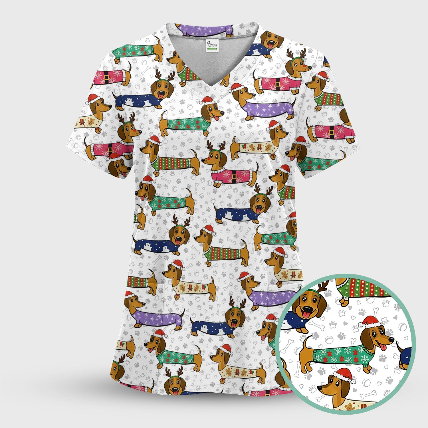 Christmas Dachshund Scrub Top for Women - Cute Dog Nursing Uniform with Pockets - Holiday Reindeer Wiener Dog Shirt - Funny Vet Tech Workwear