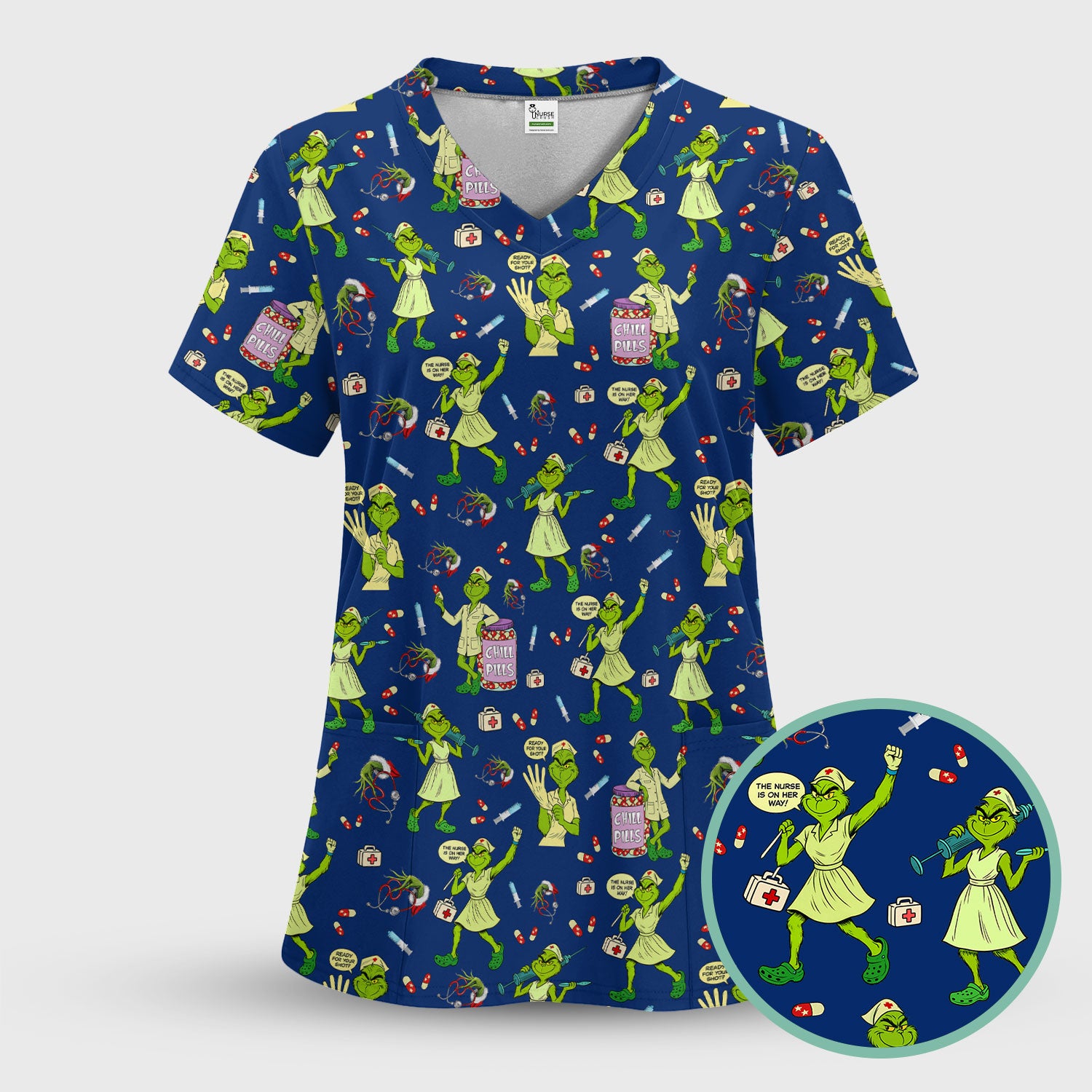 Funny Grinch Nurse Scrub Top Multi Color - Chill Pills Nursing Scrub Shirt - Cute Christmas Holiday Workwear with Pockets