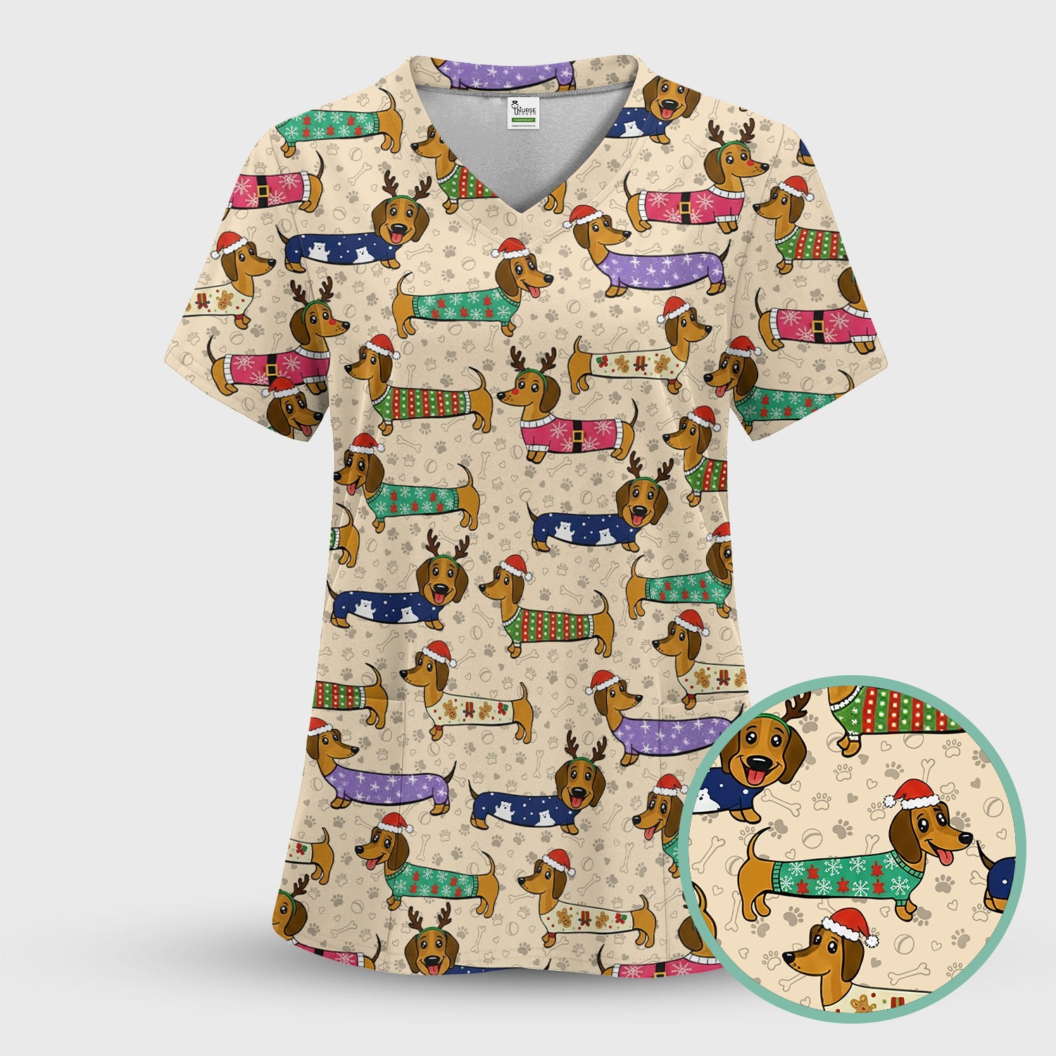 Funny Dachshund Dog Christmas Scrub Top for Nurses - Holiday Reindeer Wiener Dog Shirt - Cute Vet Tech Uniform Gift