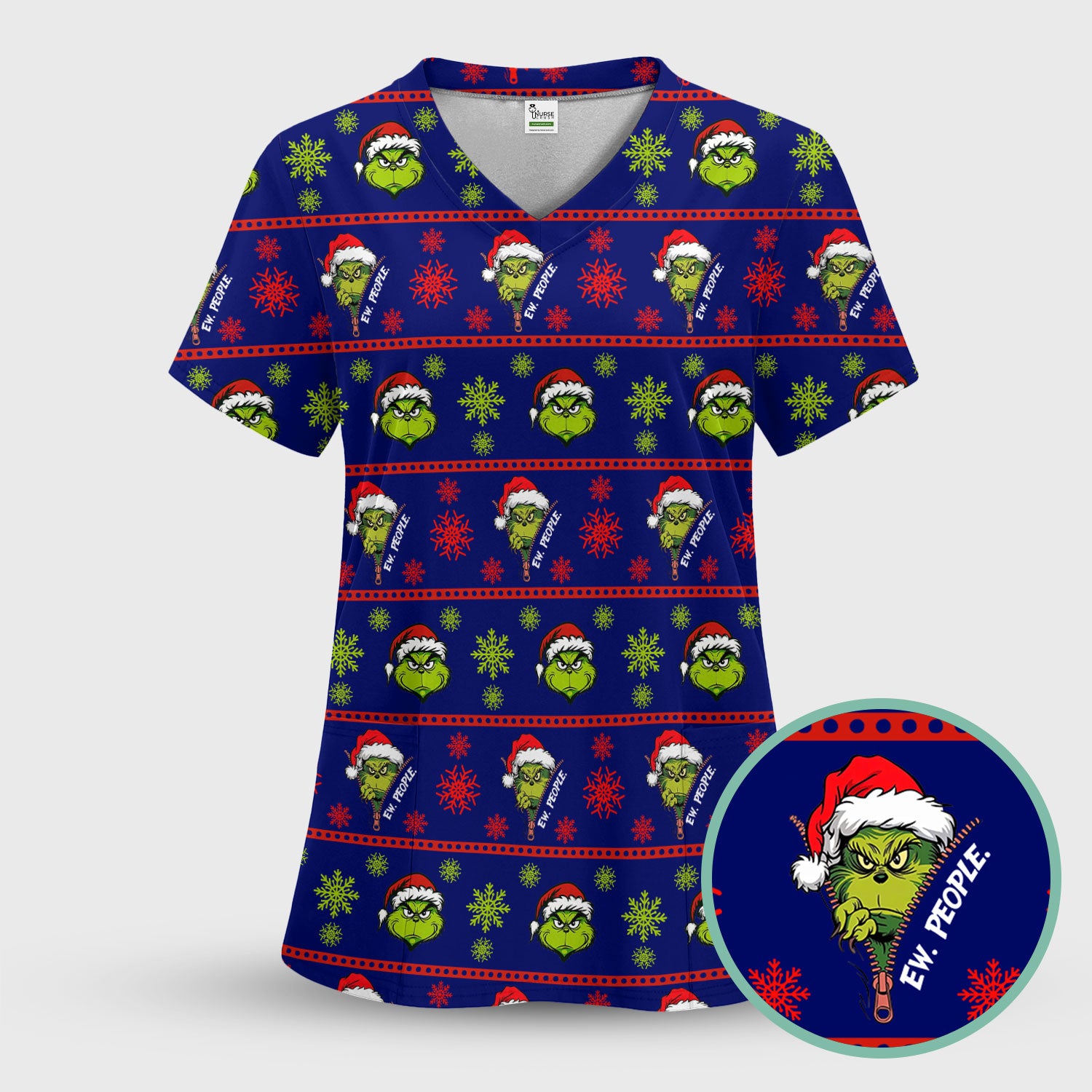 Grinch Scrub Top for Nurses - Christmas Holiday “Ew, People” Medical Uniform - Xmas Gift for RN CNA LPN