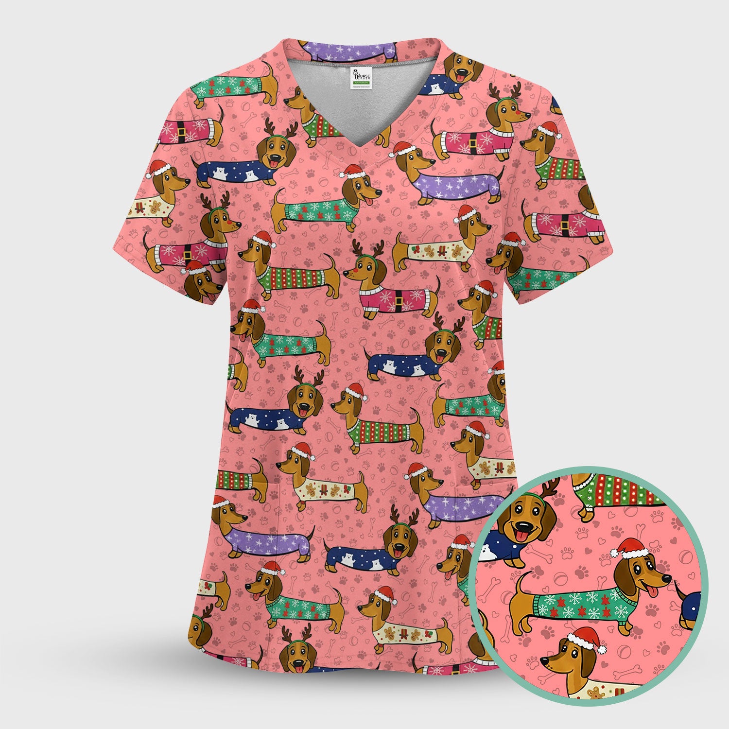 Christmas Dachshund Scrub Top for Women - Cute Dog Nursing Uniform with Pockets - Holiday Reindeer Wiener Dog Shirt - Funny Vet Tech Workwear