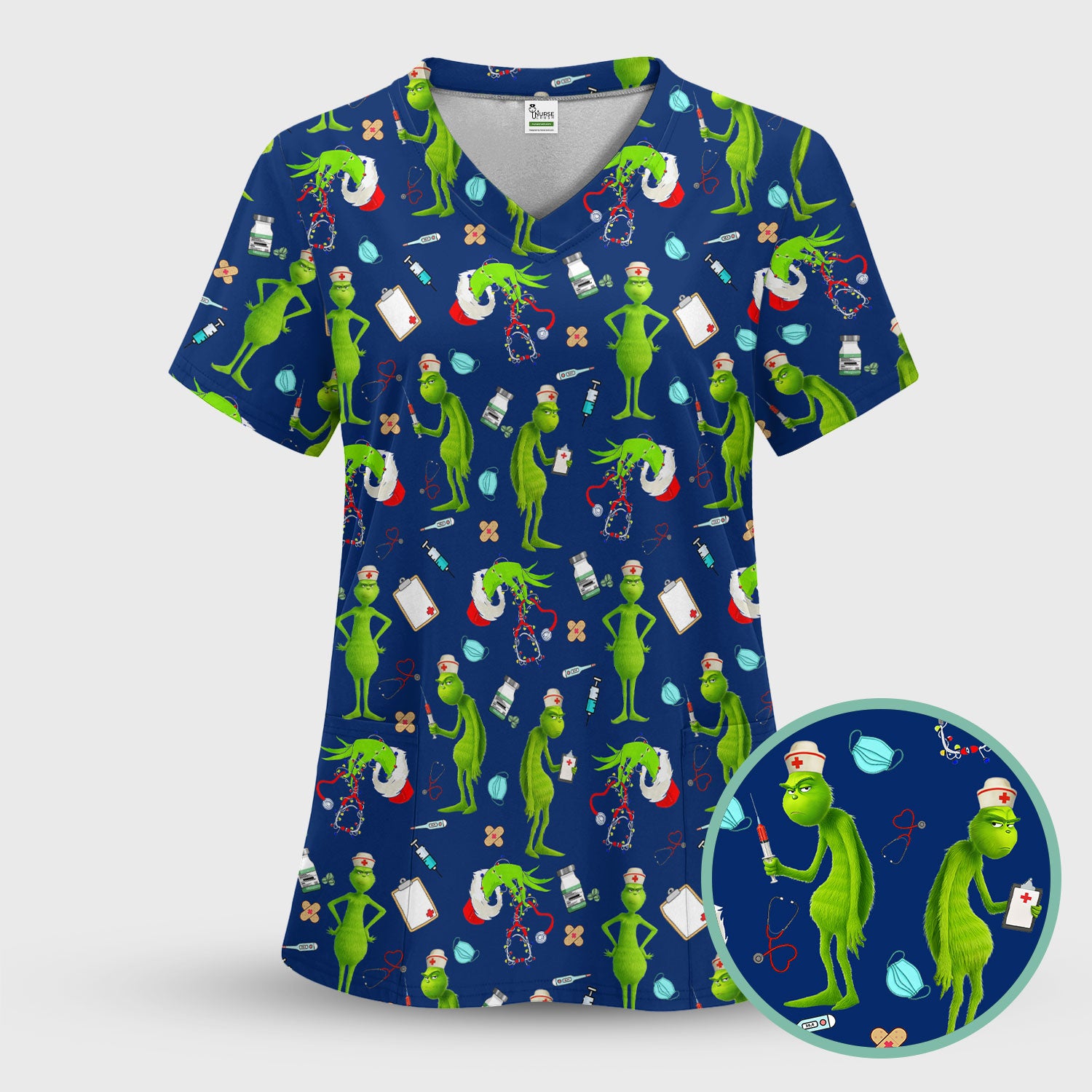 Funny Grinch Nurse Scrub Top Multi Color - Christmas Scrub Shirt for Women - Cute Holiday Nursing Work Shirt with Pockets
