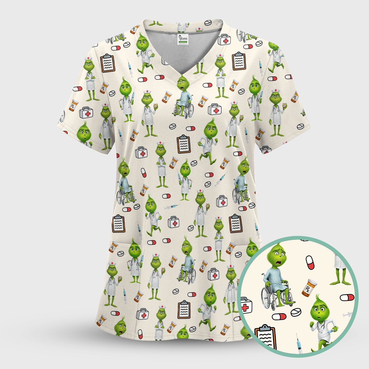 Funny Grinch Scrub Top - Christmas Medical Uniform for Women - Funny Holiday Nursing Gift for RN LPN CNA