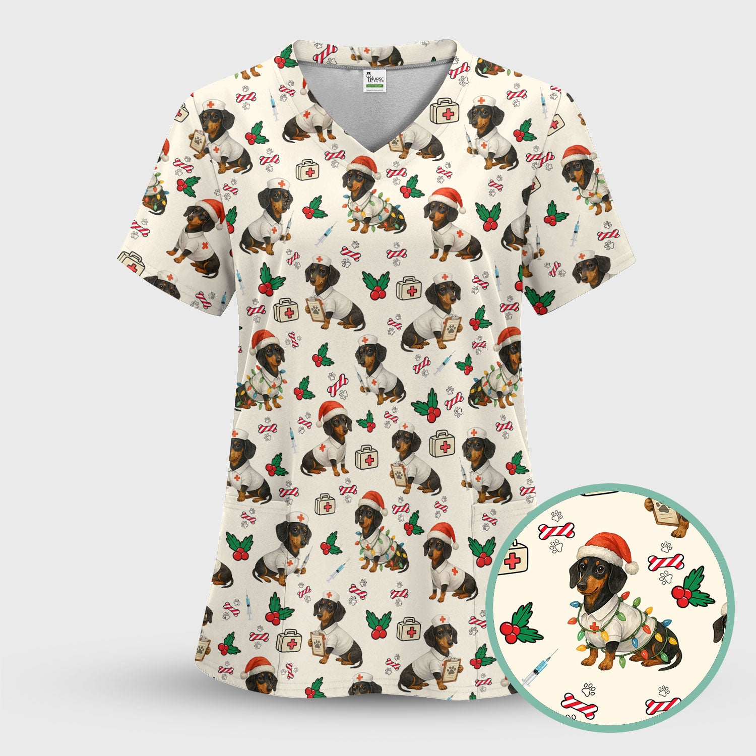 Christmas Dachshund Nurse Scrub Top - Funny Dachshund Dog Scrub Shirt Multi Color - Cute Holiday Nursing Work Shirt for Women