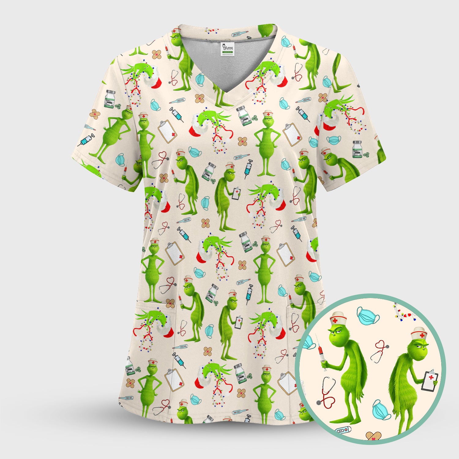 Funny Grinch Nurse Scrub Top Multi Color - Christmas Scrub Shirt for Women - Cute Holiday Nursing Work Shirt with Pockets