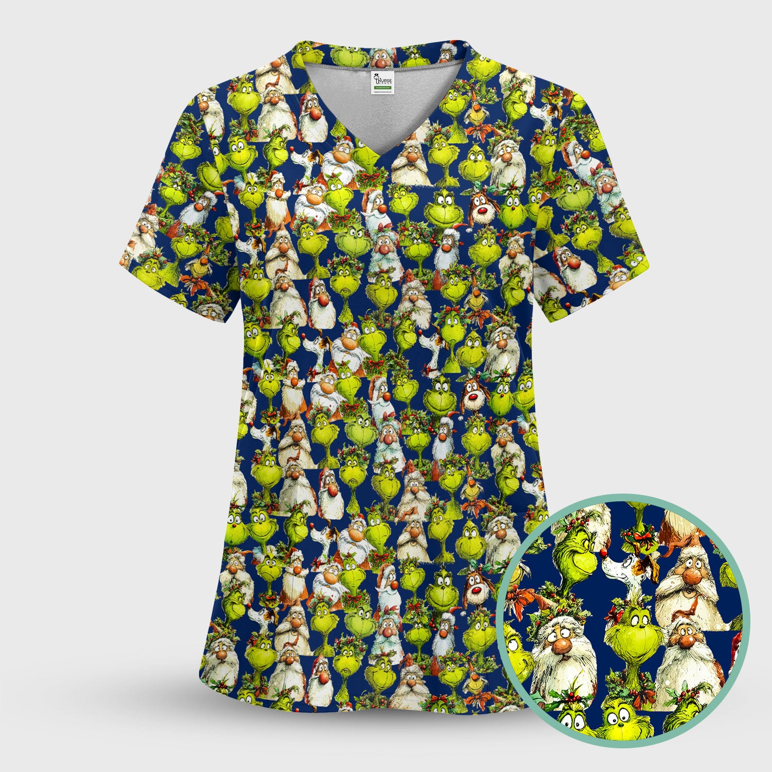Funny Grinch Nurse Scrub Top Multi Color - Cartoon Characters Scrub Shirt - Cute Christmas Nursing Workwear with Pockets