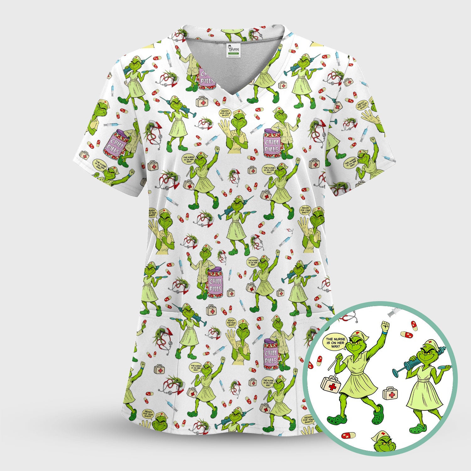 Grinch Nurse Scrub Shirt Multi Colors - Funny Chill Pills Scrub Top - Christmas Nursing Work Shirt with Pockets for Women