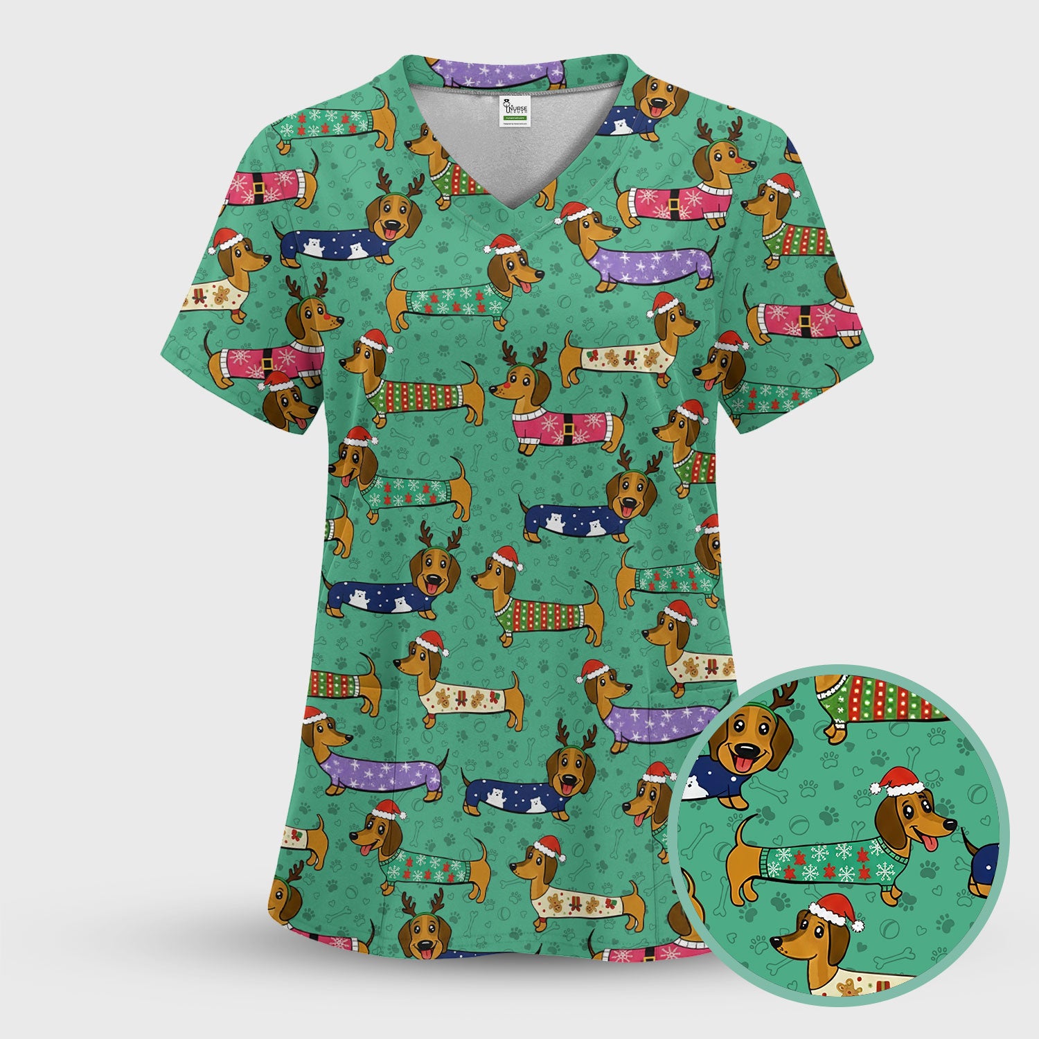 Christmas Dachshund Scrub Top for Women - Cute Dog Nursing Uniform with Pockets - Holiday Reindeer Wiener Dog Shirt - Funny Vet Tech Workwear
