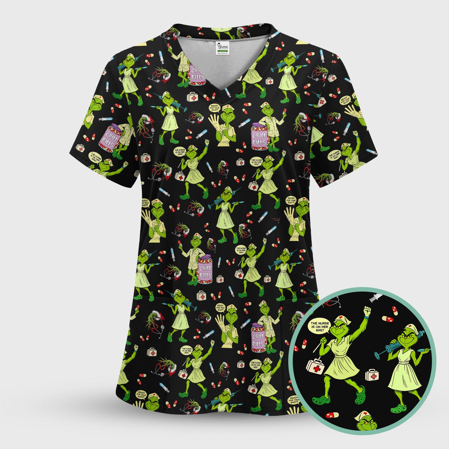Funny Grinch Nurse Scrub Top Multi Color - Chill Pills Nursing Scrub Shirt - Cute Christmas Holiday Workwear with Pockets