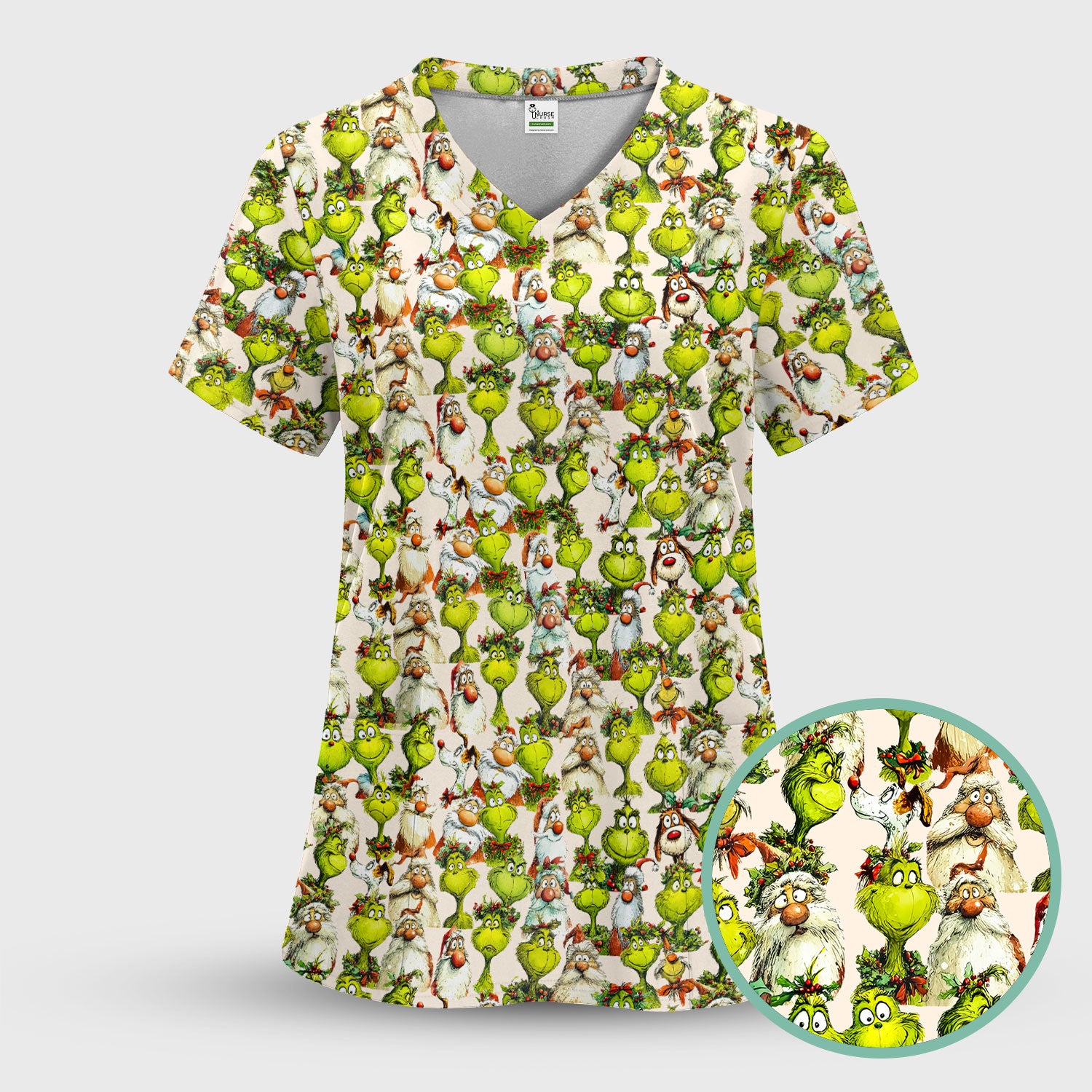 Funny Grinch Nurse Scrub Top Multi Color - Cartoon Characters Scrub Shirt - Cute Christmas Nursing Workwear with Pockets