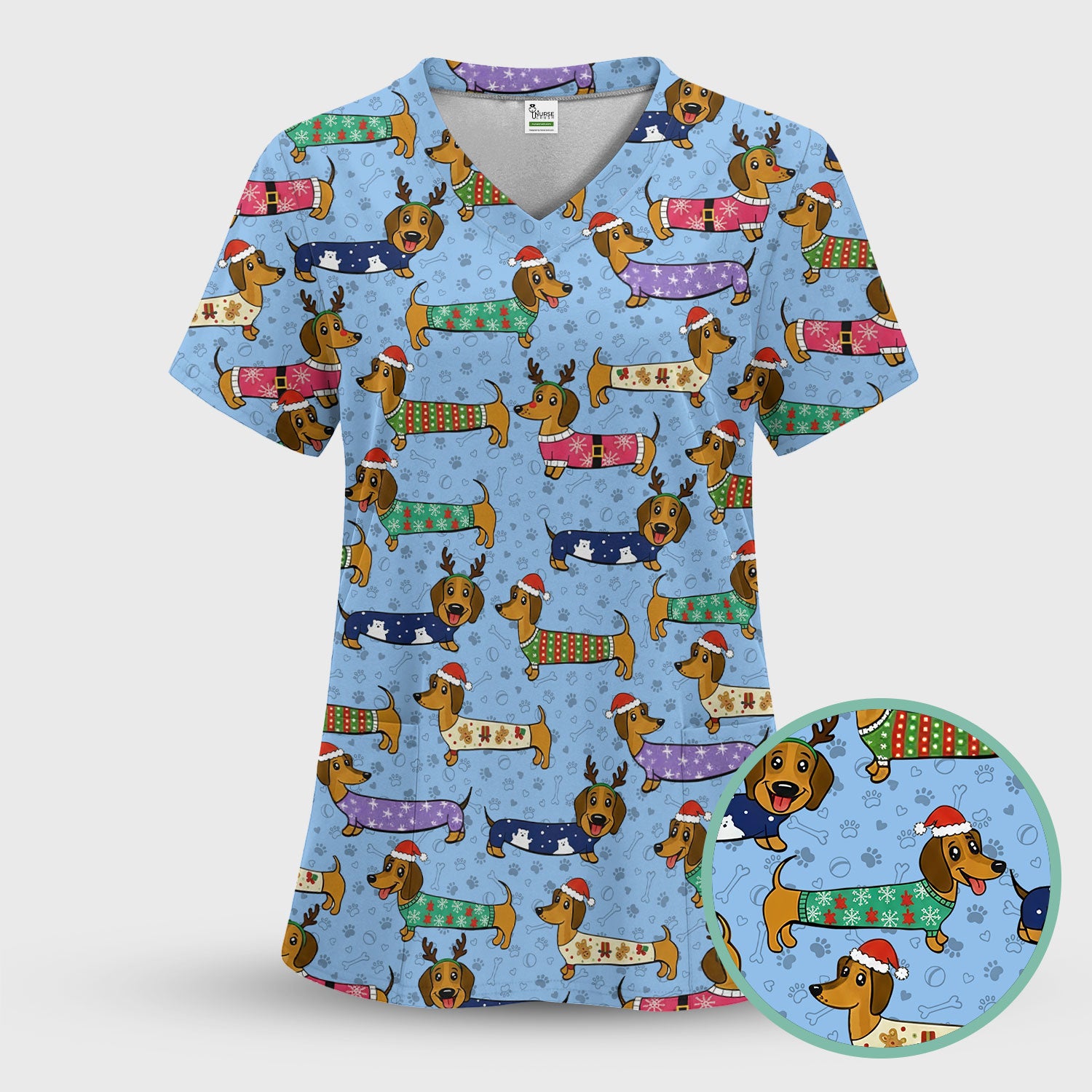 Funny Dachshund Dog Christmas Scrub Top for Nurses - Holiday Reindeer Wiener Dog Shirt - Cute Vet Tech Uniform Gift