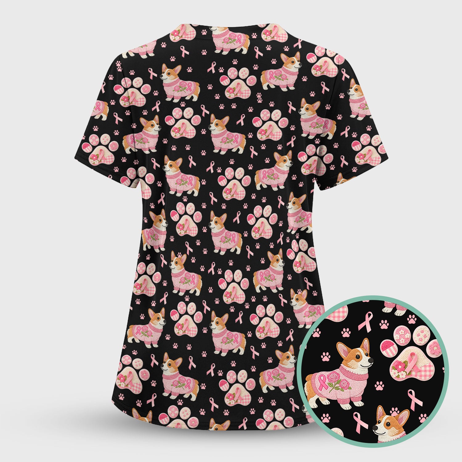 Corgi Pink Ribbon Scrub for Women - Breast Cancer Awareness Shirt - Floral Dog Paw Print Nursing Uniform - Support Gift