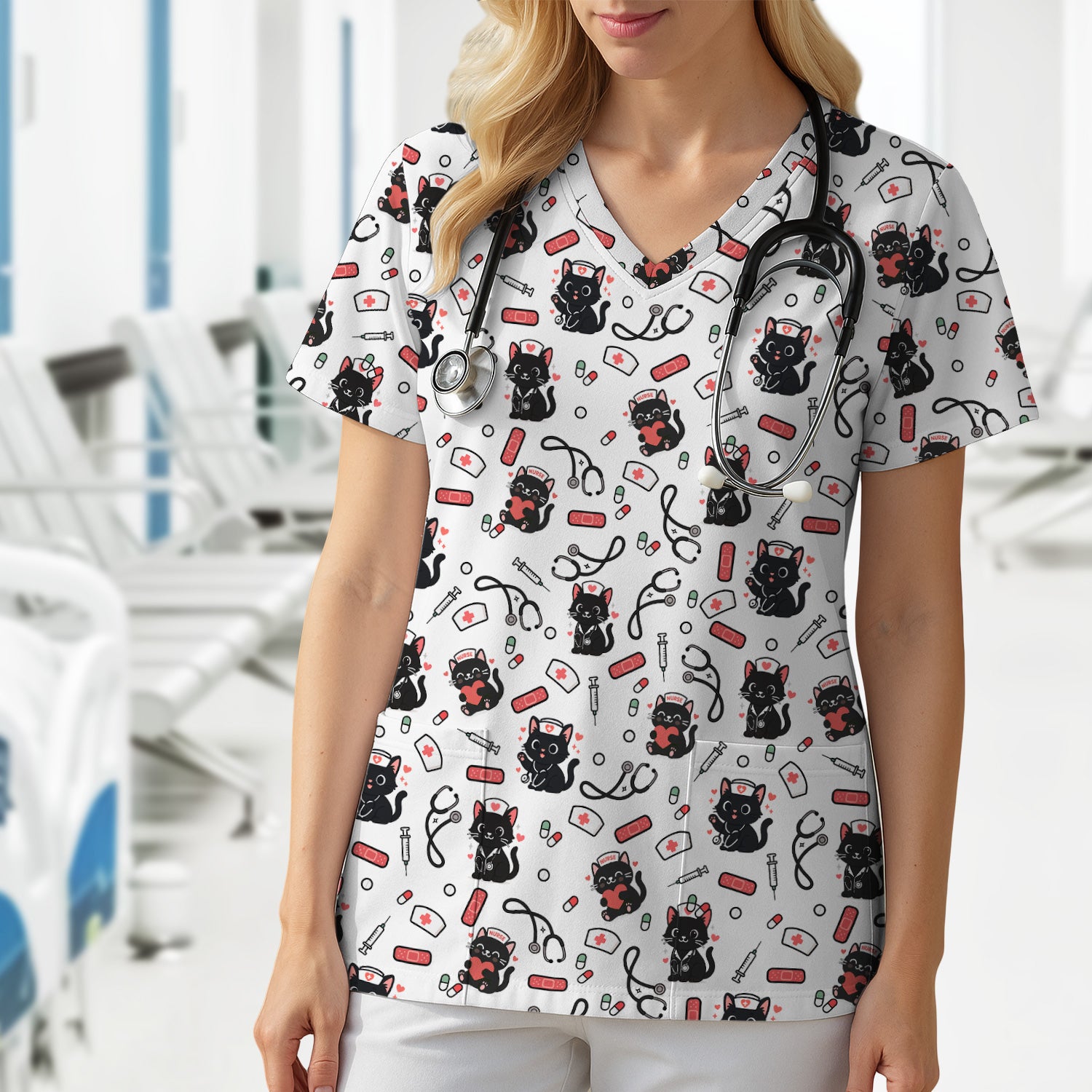 Cute Black Cat Nurse Scrub Top for Women - Medical Uniform Shirt with Stethoscope & Pill Print - Gift for CNA, LPN, Medical Worker