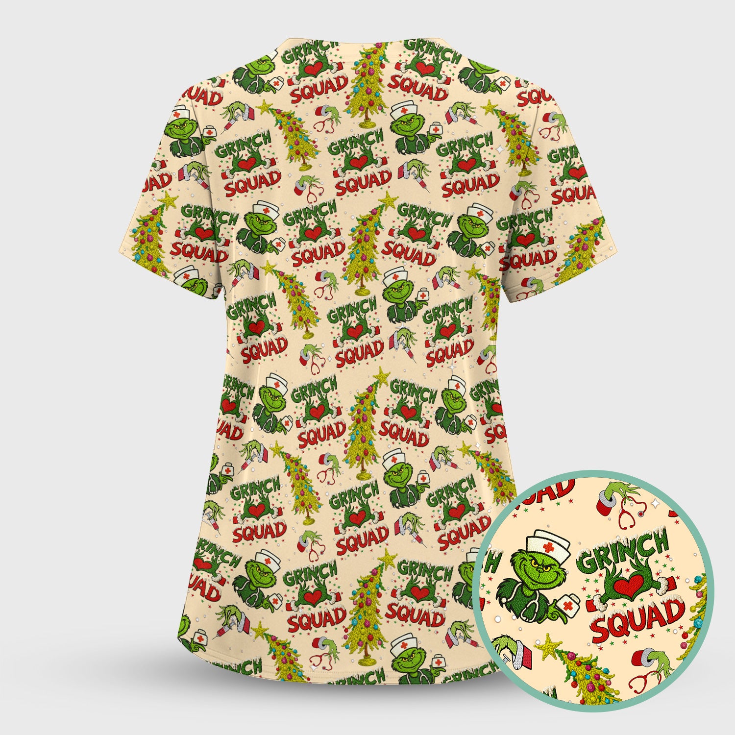 Grinch Squad Christmas Scrub Shirt - Funny Holiday Scrub Top for Nurses - Multi Color Nursing Work Shirt with Pockets