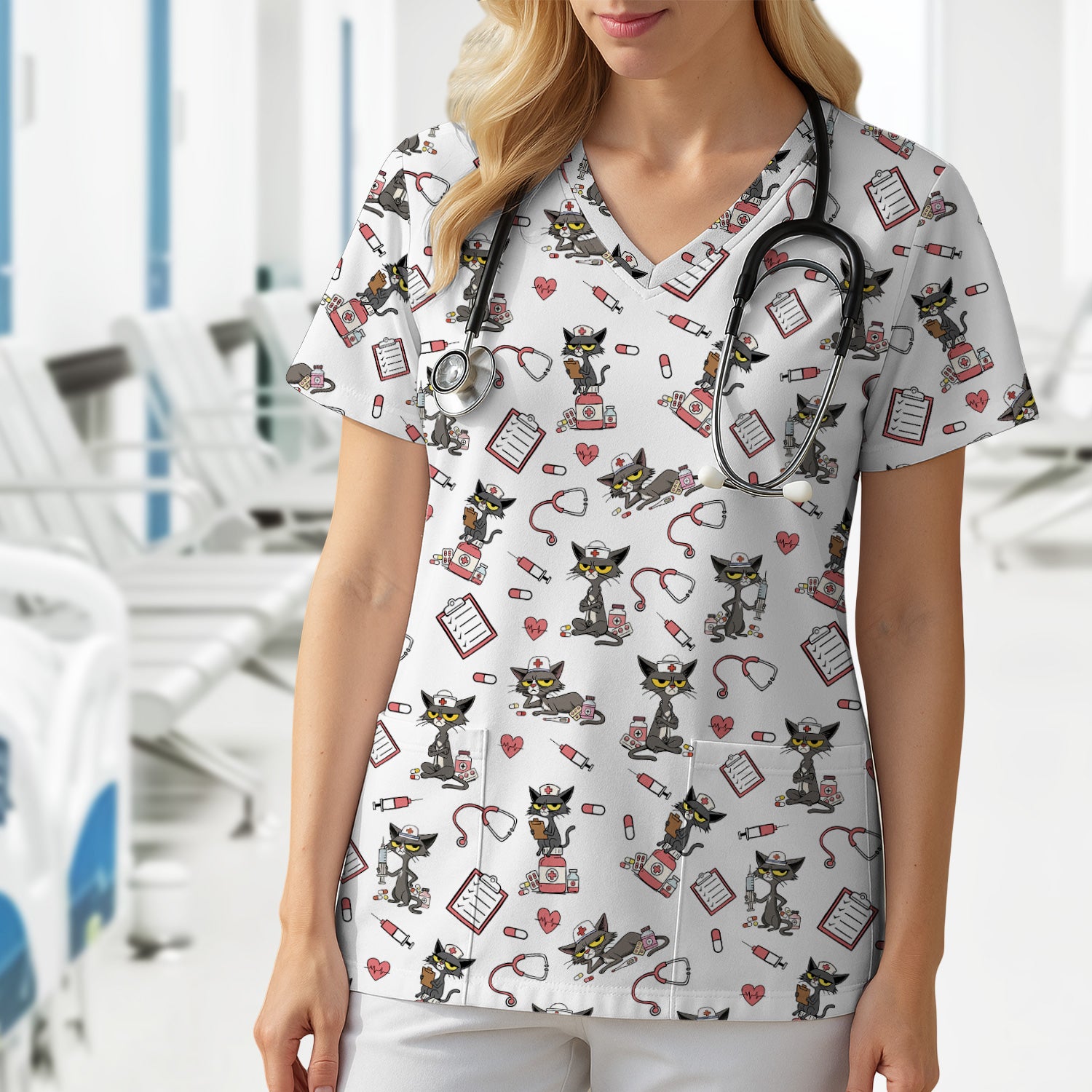 Personalized Funny Nurse Cat Scrub Top for Women - Cute Medical Uniform for RN CNA Vet Tech - Gift for Medical Staff, Healthcare Worker