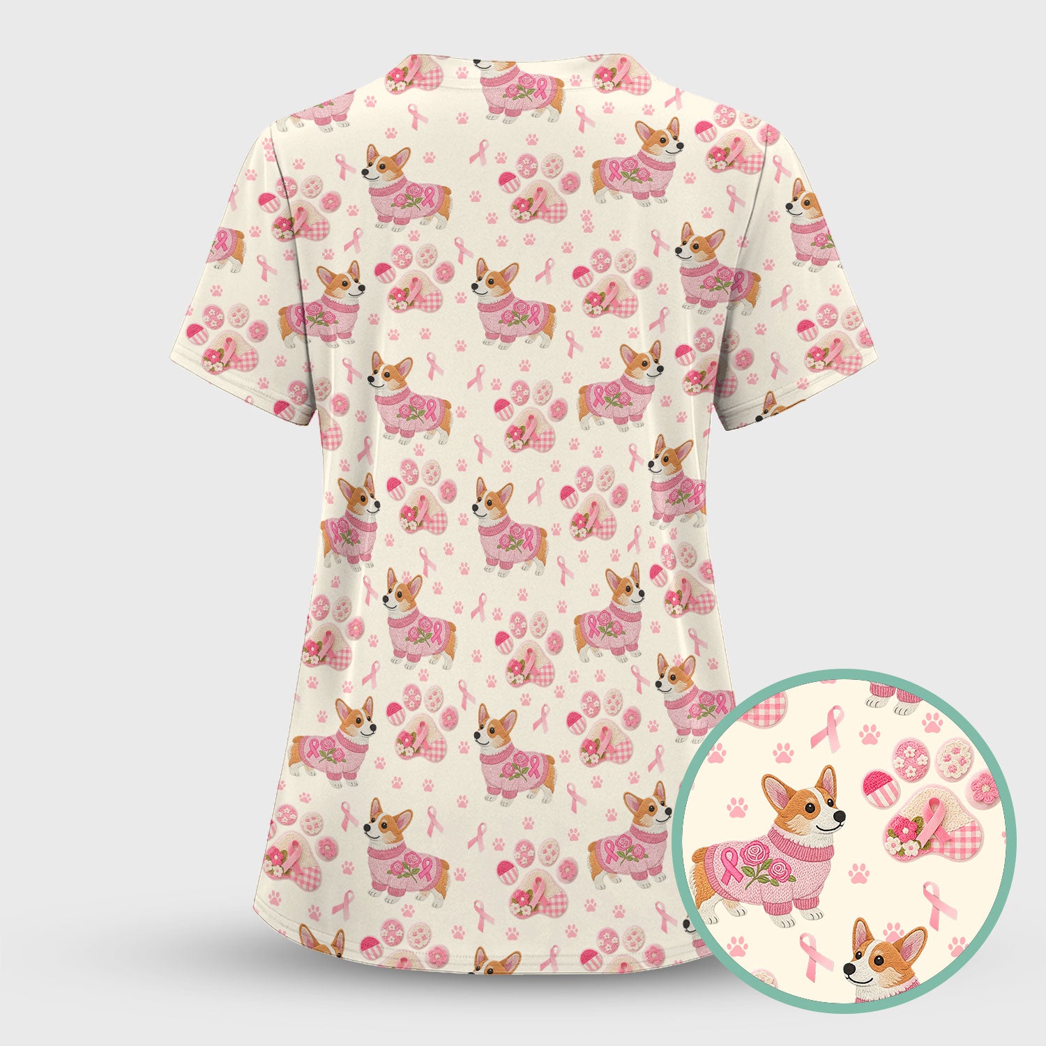 Floral Corgi Scrub Top for Women - Cute Dog Paw Print with Pink Ribbon Shirt - Breast Cancer Awareness October Gift