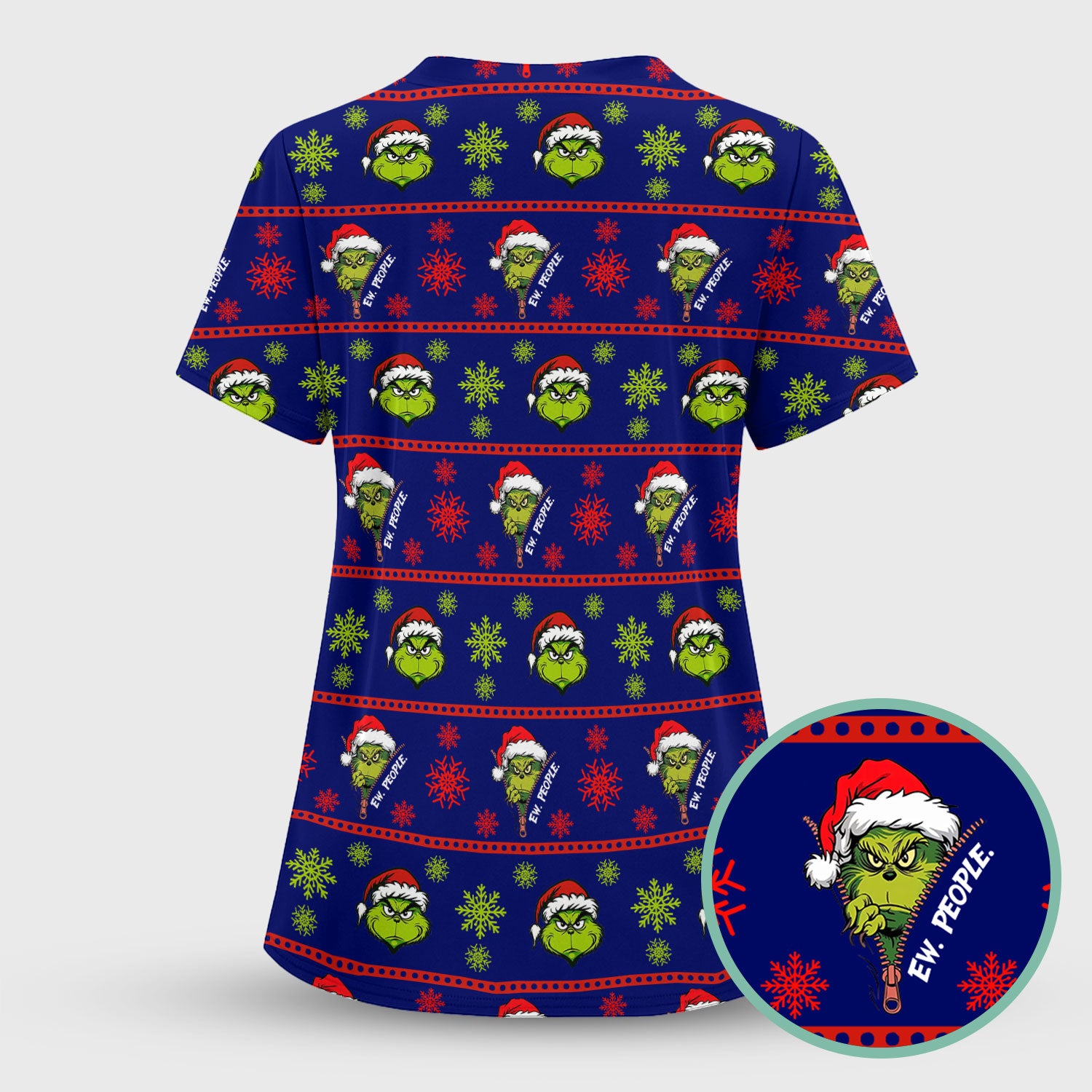 Grinch Scrub Top for Nurses - Christmas Holiday “Ew, People” Medical Uniform - Xmas Gift for RN CNA LPN