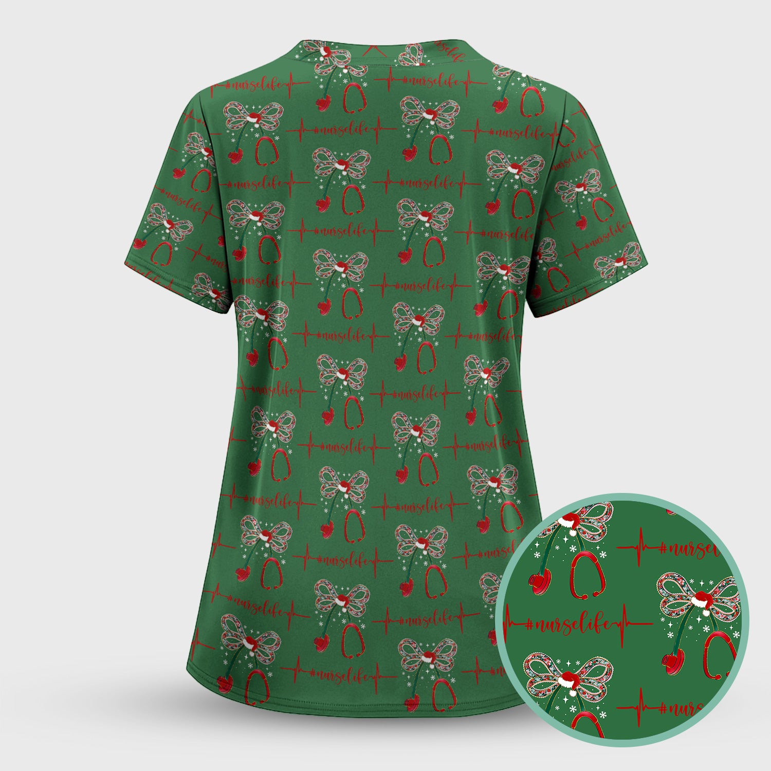 Personalized Funny Nurse Christmas Scrub Top - Stethoscope with Holiday Bow & Heartbeat Pattern - Gift for RN LPN CNA Healthcare Staff