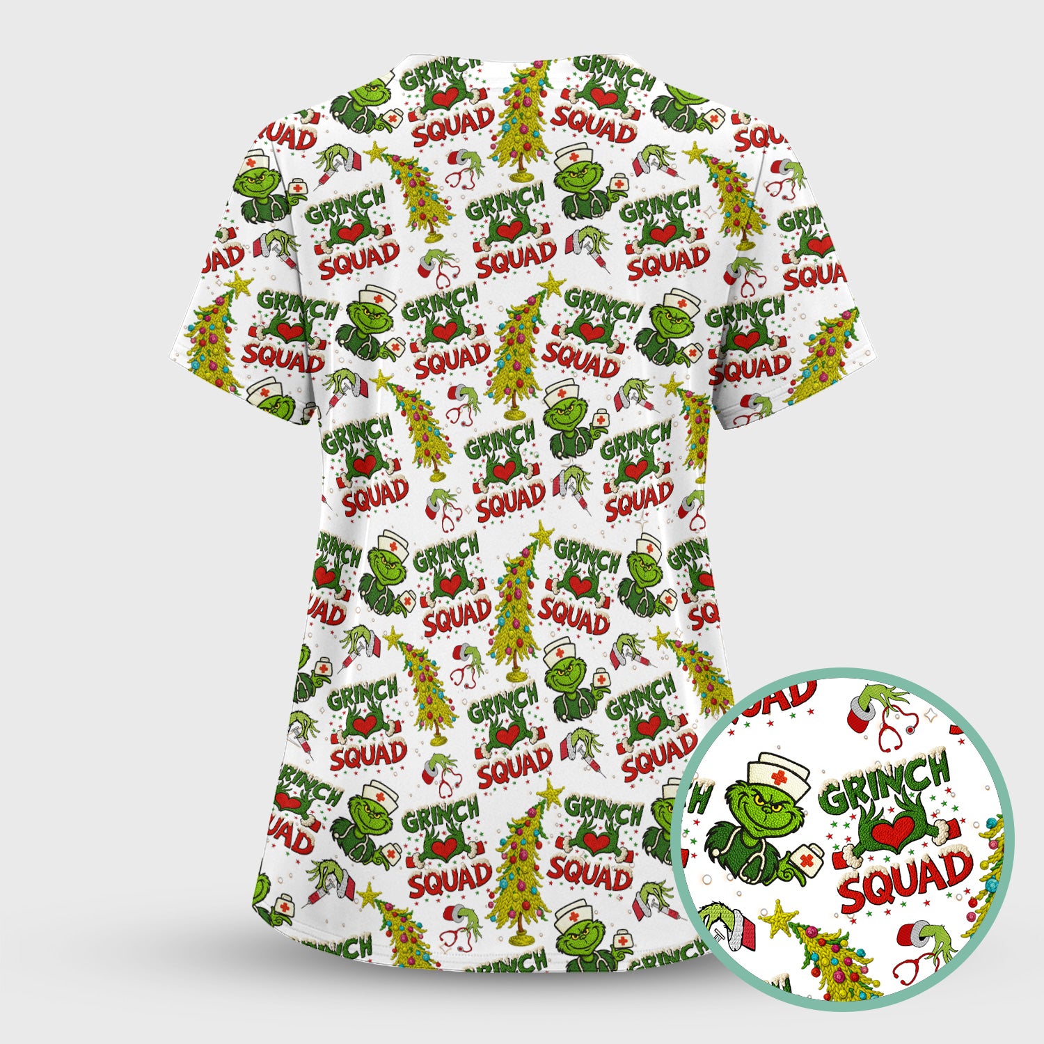 Christmas Nurse Scrub Top for Women - Funny Grinch Squad Scrub Shirt Multi Color - Cute Holiday Nursing Work Shirt with Pockets