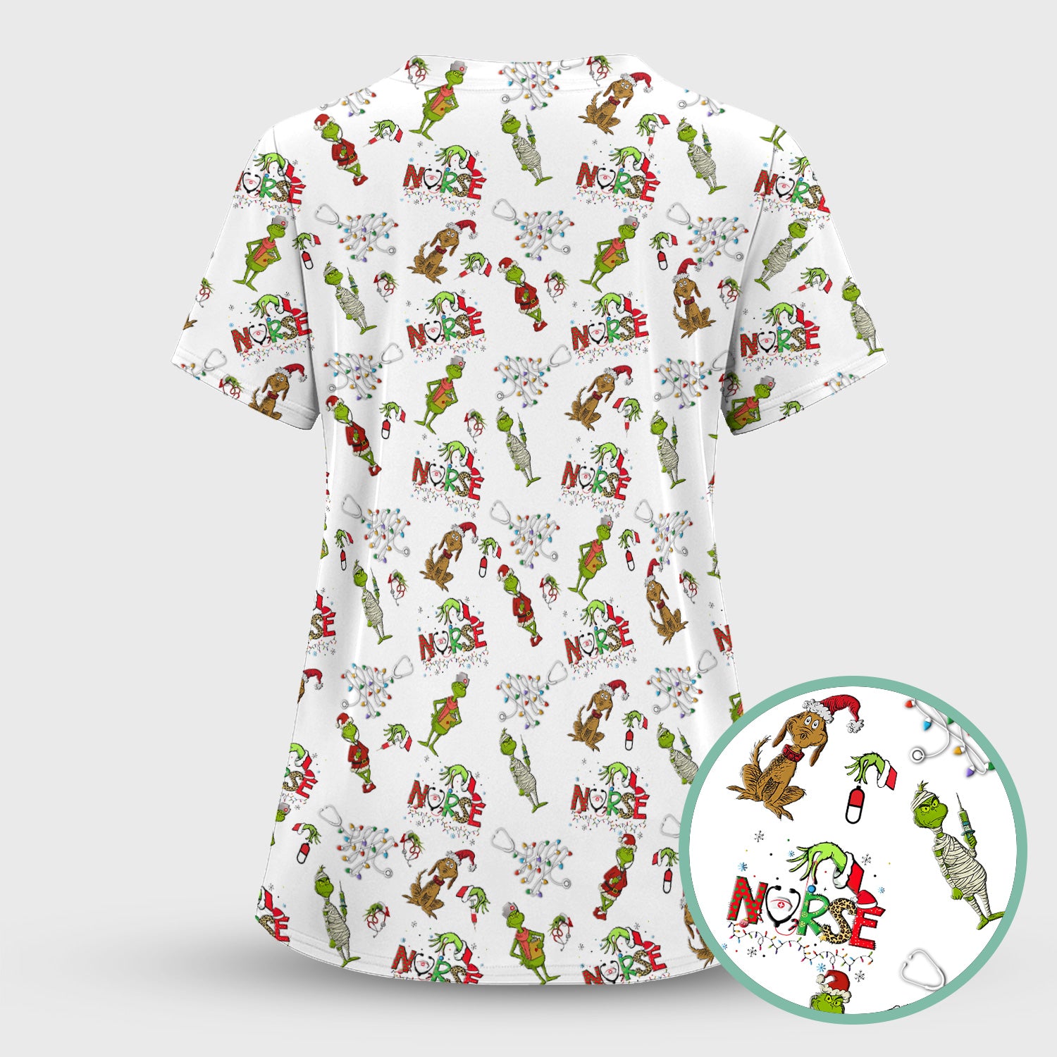 Grinch Christmas Nurse Scrub Shirt - Funny Holiday Scrub Top for Women - Multi Color Nursing Work Shirt with Pockets