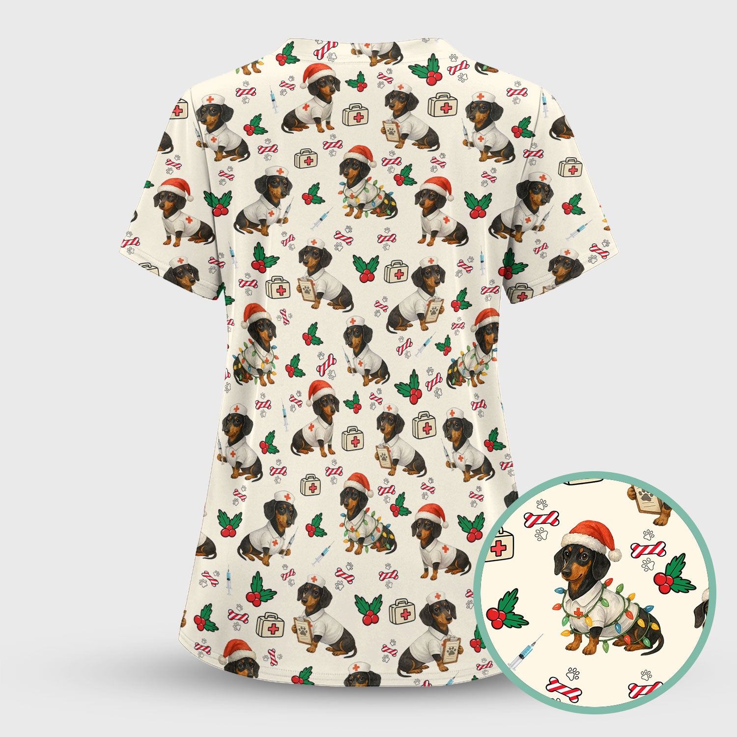 Christmas Dachshund Nurse Scrub Top - Funny Dachshund Dog Scrub Shirt Multi Color - Cute Holiday Nursing Work Shirt for Women