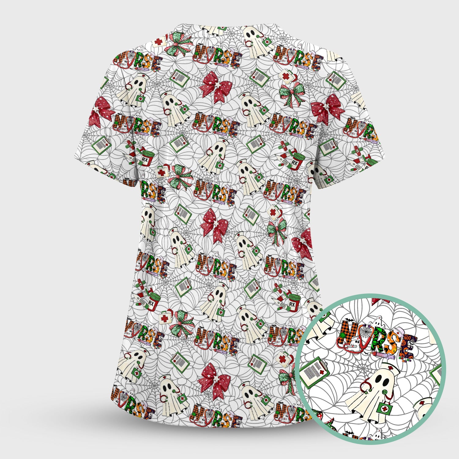 Halloween Nurse Scrub Top for Women - Cute Ghost and Spider Web Scrub Shirt Multi Color - Funny Nursing Work Shirt with Pockets