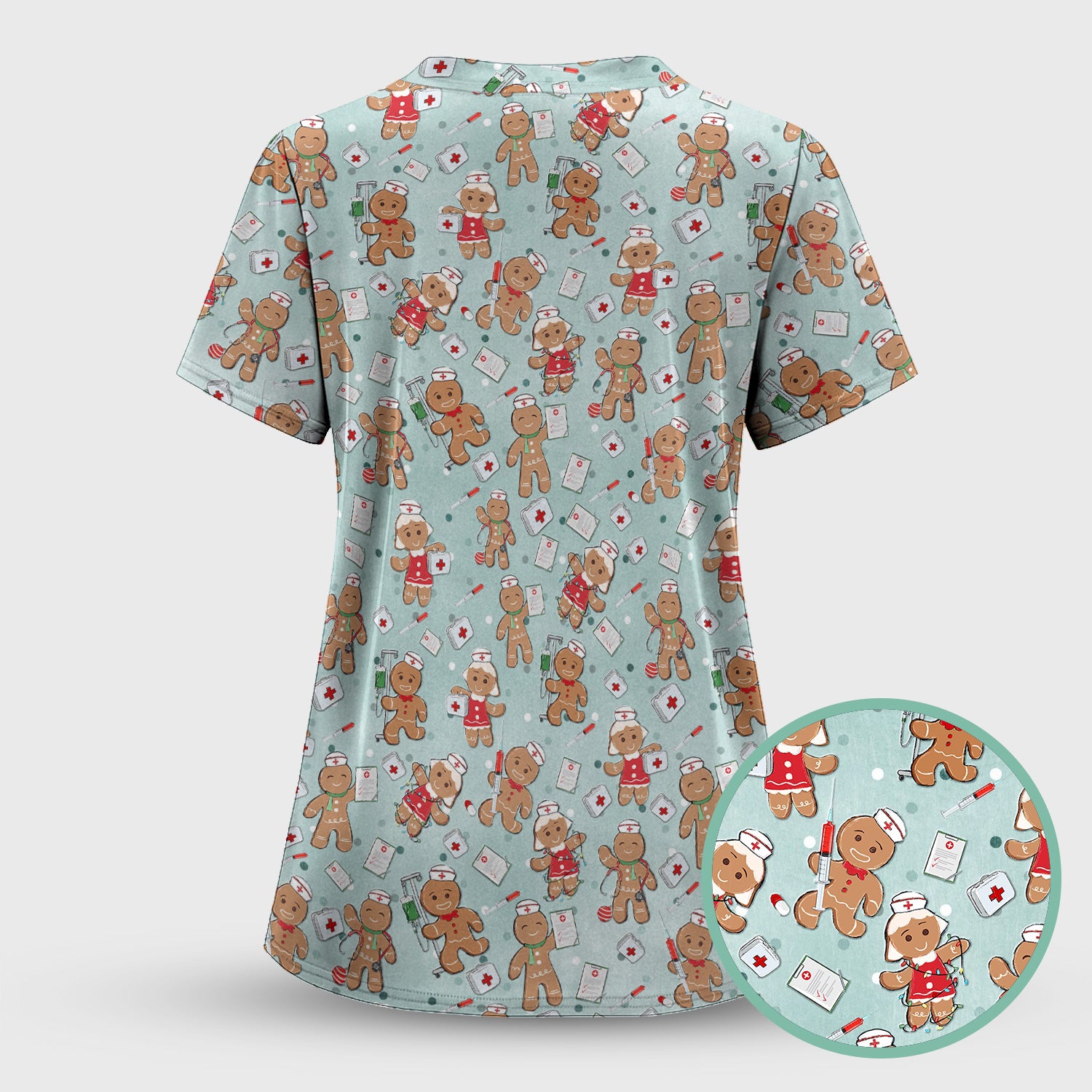 Cute Nurse Christmas Scrub Top - Funny Gingerbread Man & Medical Design - Gift for Women RN LPN & Pediatric Nurses