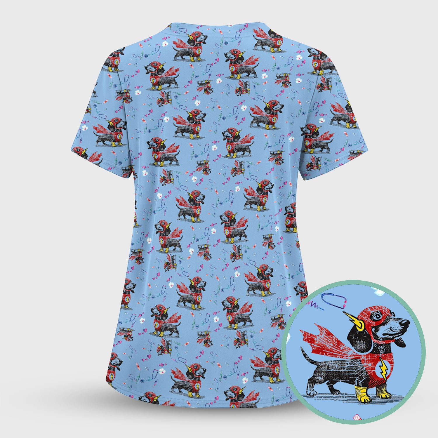 Dachshund Hero Scrub Top for Nurses - Super Nurse Funny Flash Dog Print Medical Uniform Shirt - Cute Sausage Dog Gift for RN CNA LPN