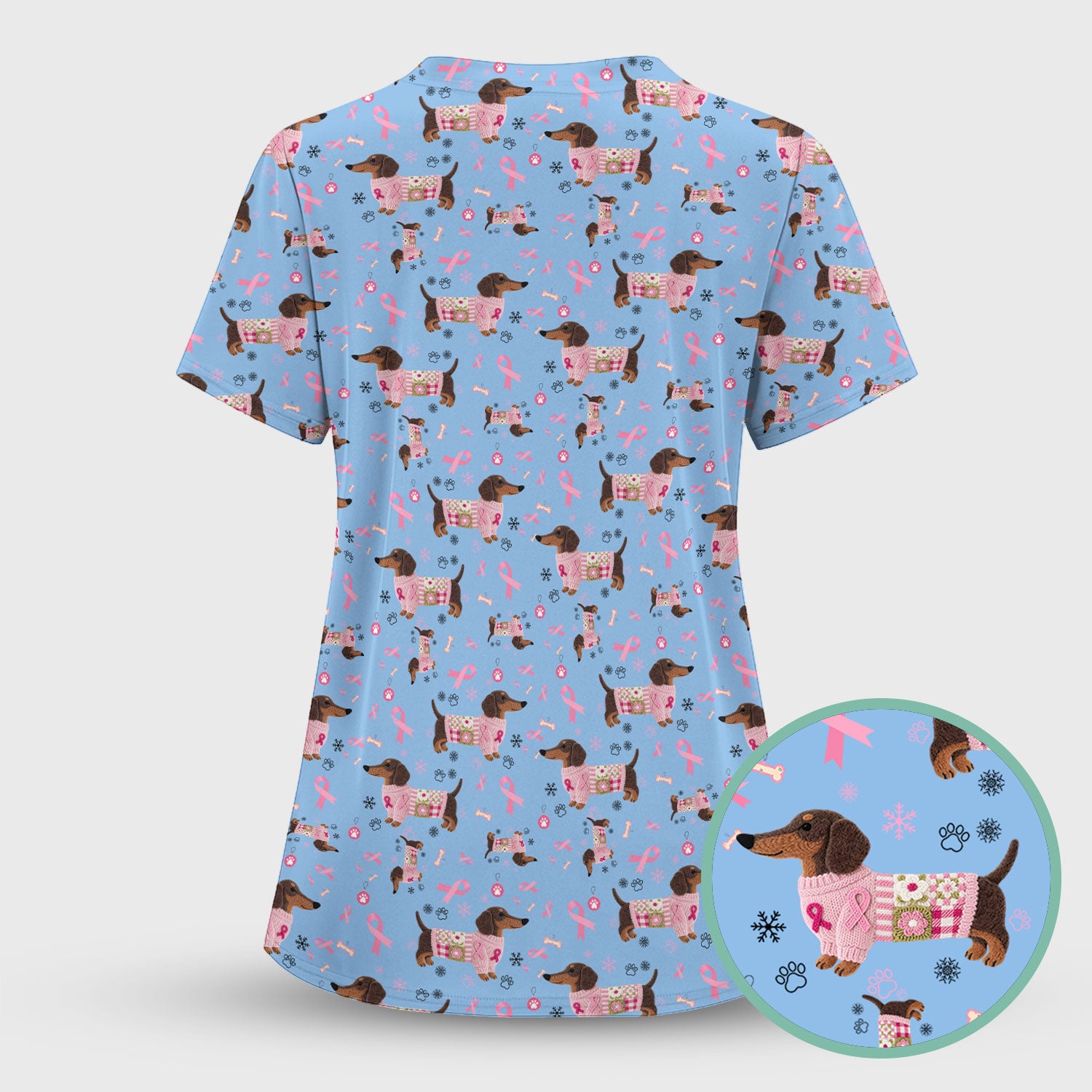 Pink Dachshund Breast Cancer Awareness Scrub Top - Puppy Dog Ribbon Nurse Shirt - Wiener Support Fight Cancer Medical Uniform Gift